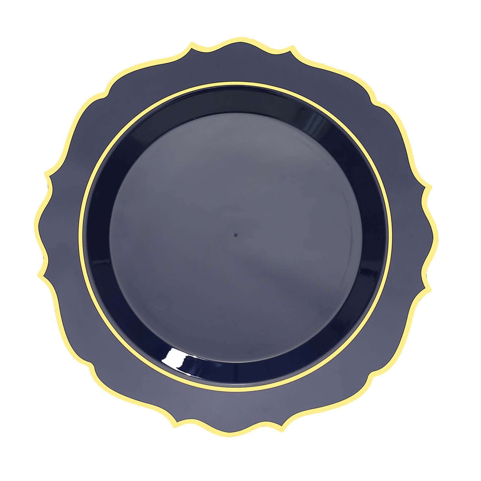 10-Pack Plastic 10 Round Dinner Plates in Navy Blue with Gold Scalloped Rim - Disposable Party Plates