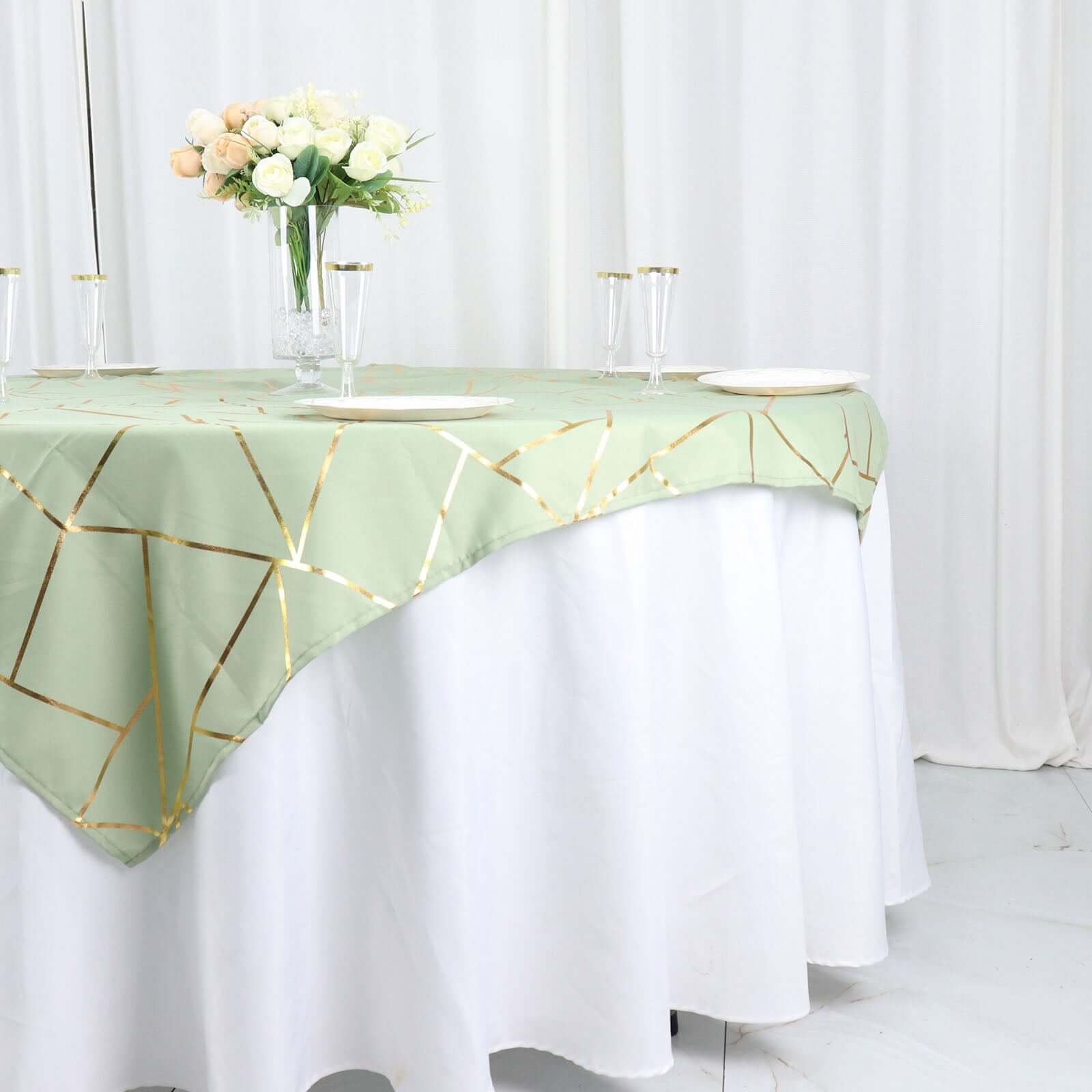 Polyester 54x54 Table Overlay Square Tablecloth Sage Green with Gold Foil Geometric Pattern - Wrinkle-Resistant & Durable for Stylish Settings