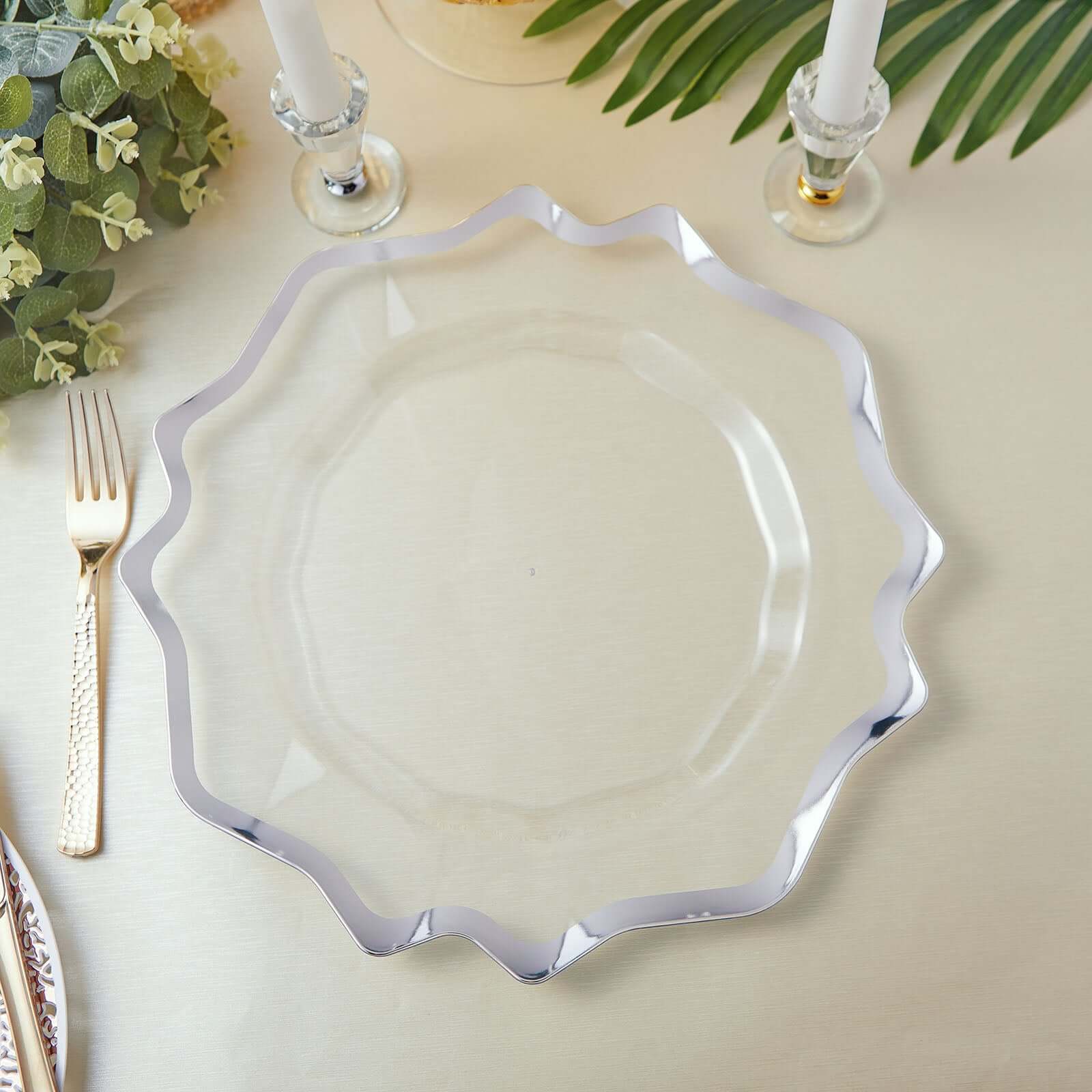 6-Pack Acrylic Plastic Round Charger Plates 13 in Clear with Silver Scalloped Edge, Exquisite Dinner Serving Plates