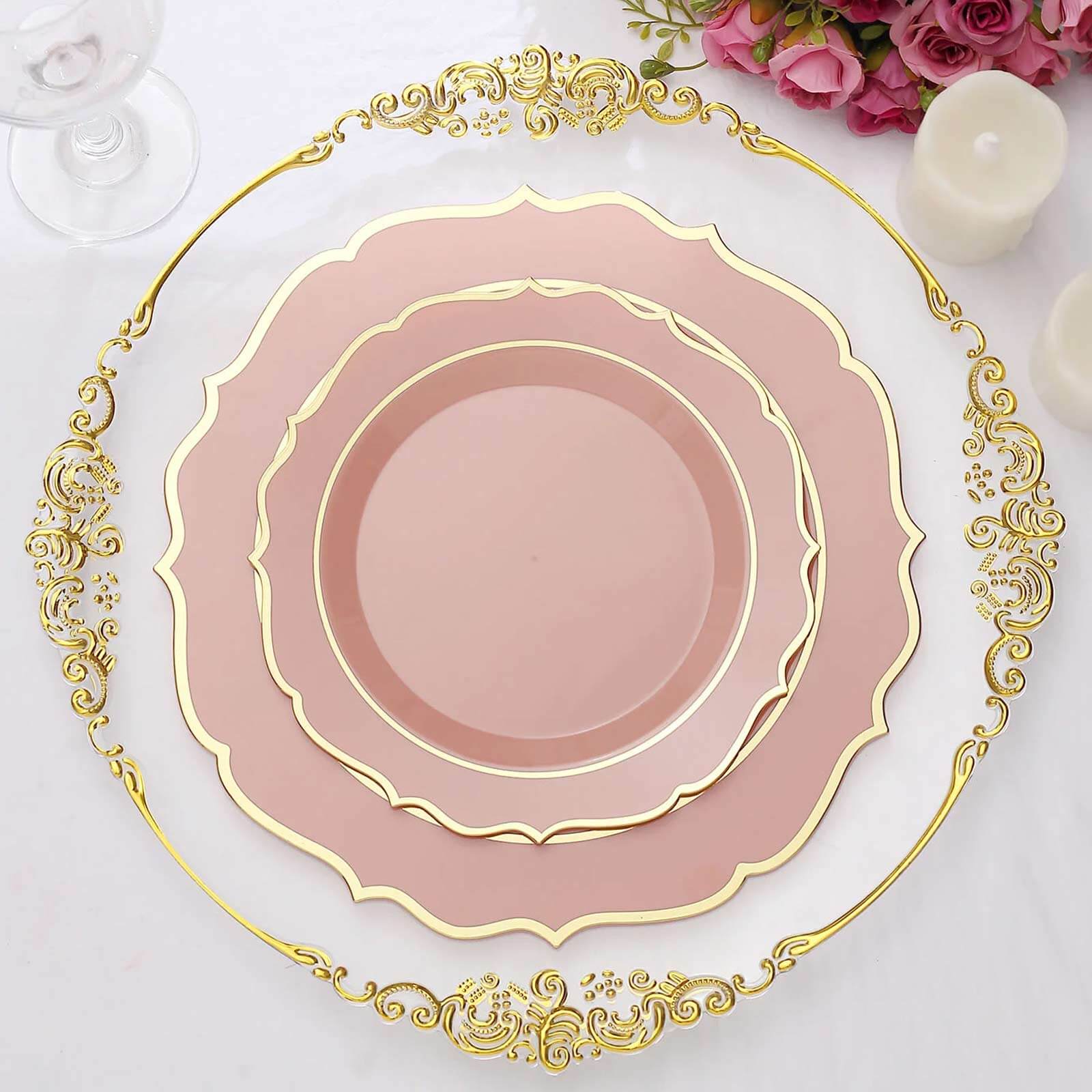 10-Pack Plastic 8 Round Desert Plates in Dusty Rose with Gold Scalloped Rim - Disposable Appetizer/Salad Plates