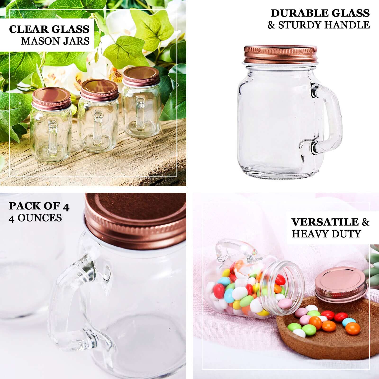 4-Pack Glass Mason Jars Rustic Design Clear with Handles and Rose Gold Screw-On Lids - Trendy Containers for Drinks & Events 4oz