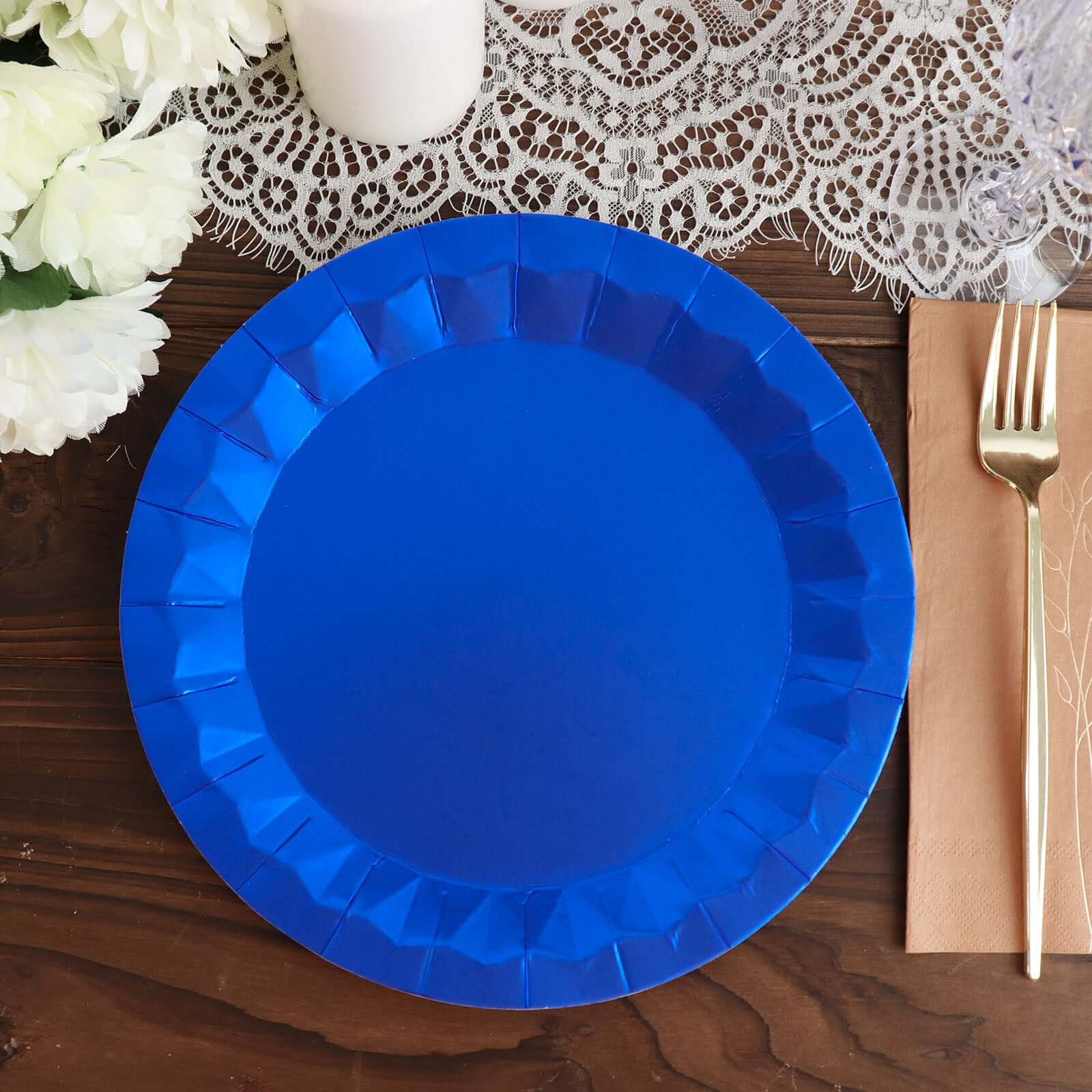 25-Pack Paper 9 Round Dinner Plates in Royal Blue with Geometric Prism Rim - Disposable 400GSM Party Plates