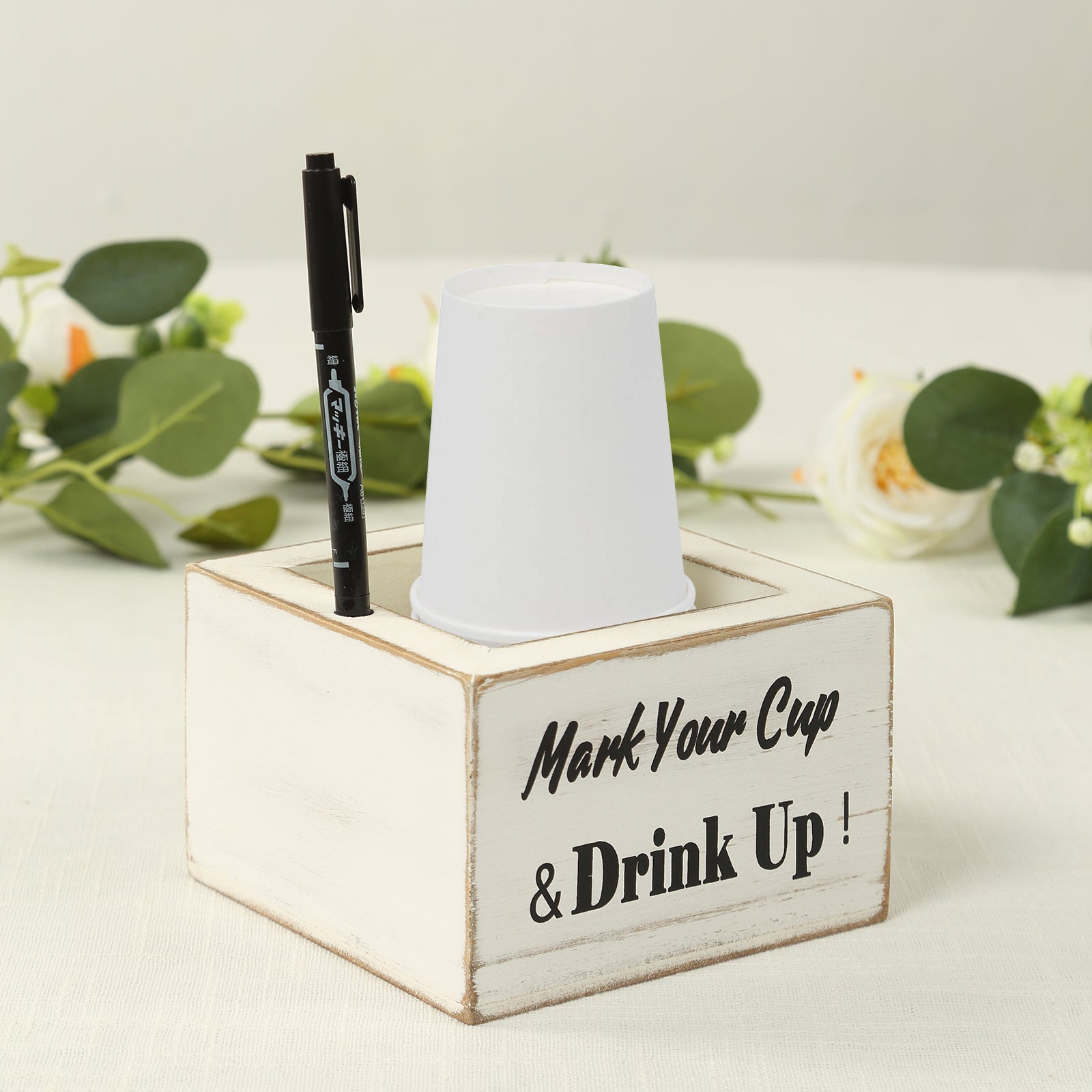 Rustic Wooden Solo Cup Holder Whitewashed with Black Marker - Farmhouse Party Dispenser Box 5.5