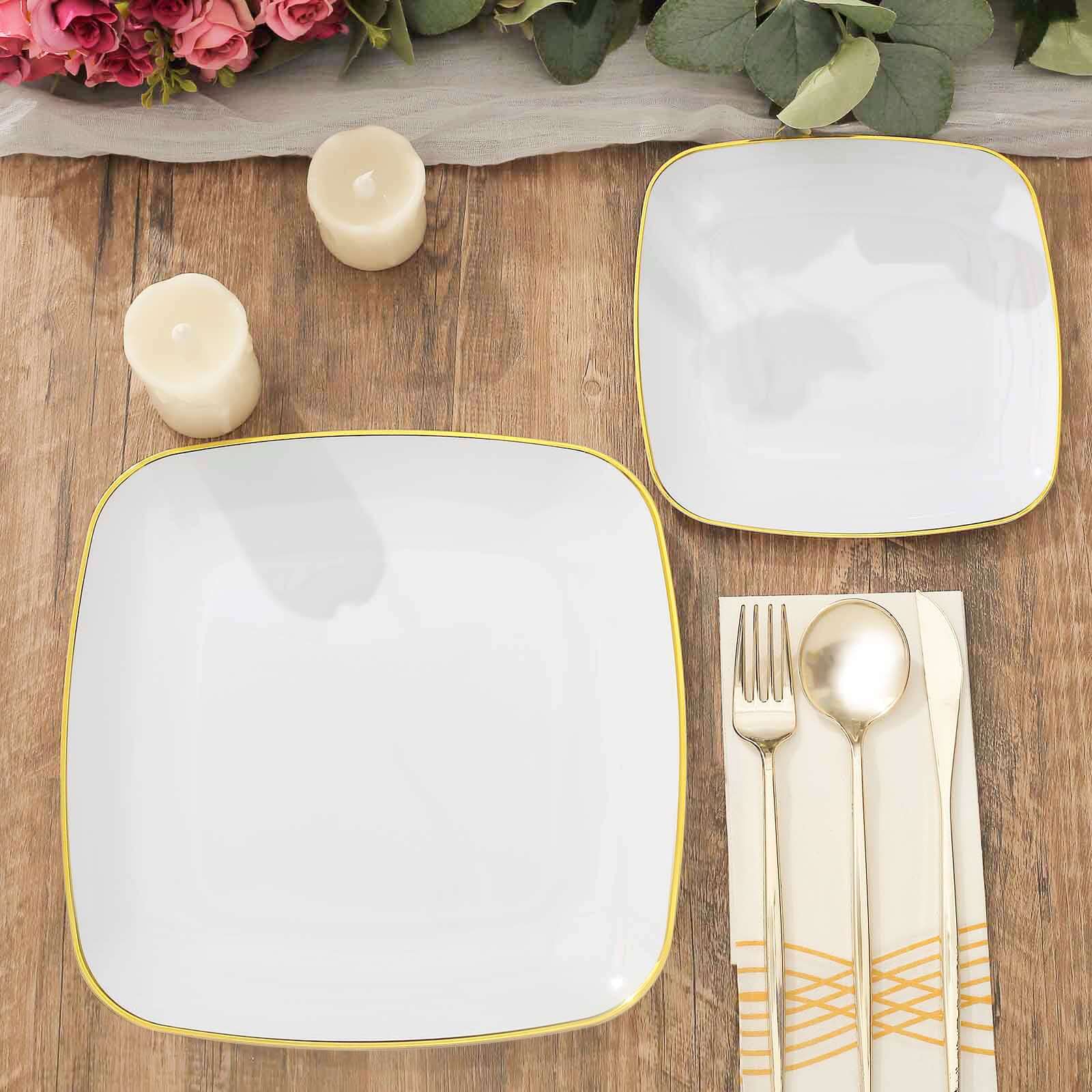 10-Pack Plastic 10 Square Dinner Plates in White with Gold Rim - Classy Disposable Lunch Party Plates for Weddings & Special Events