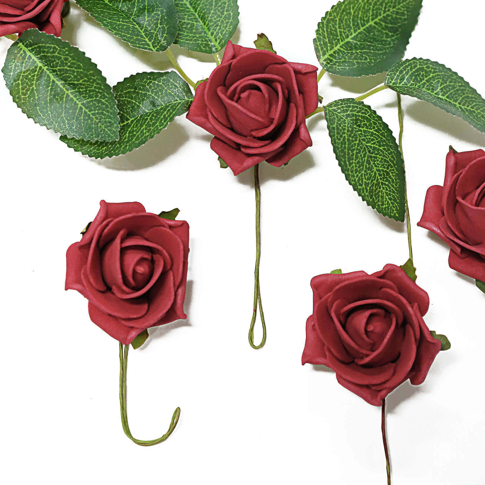 24 Roses 2 Red Artificial Foam Flowers With Stem Wire and Leaves