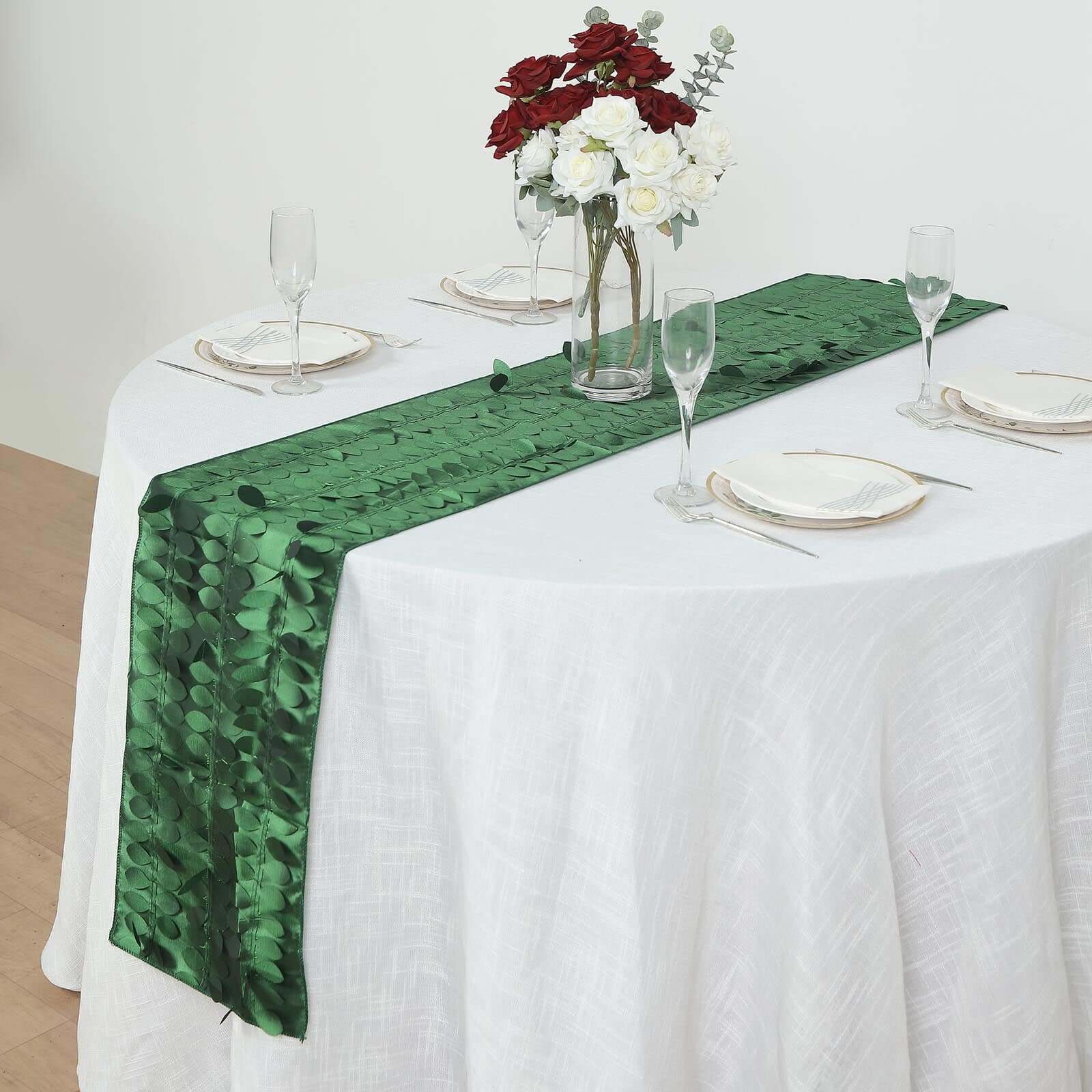 Taffeta Fabric 12x108 Table Runner Green - 3D Leaf Petal Design