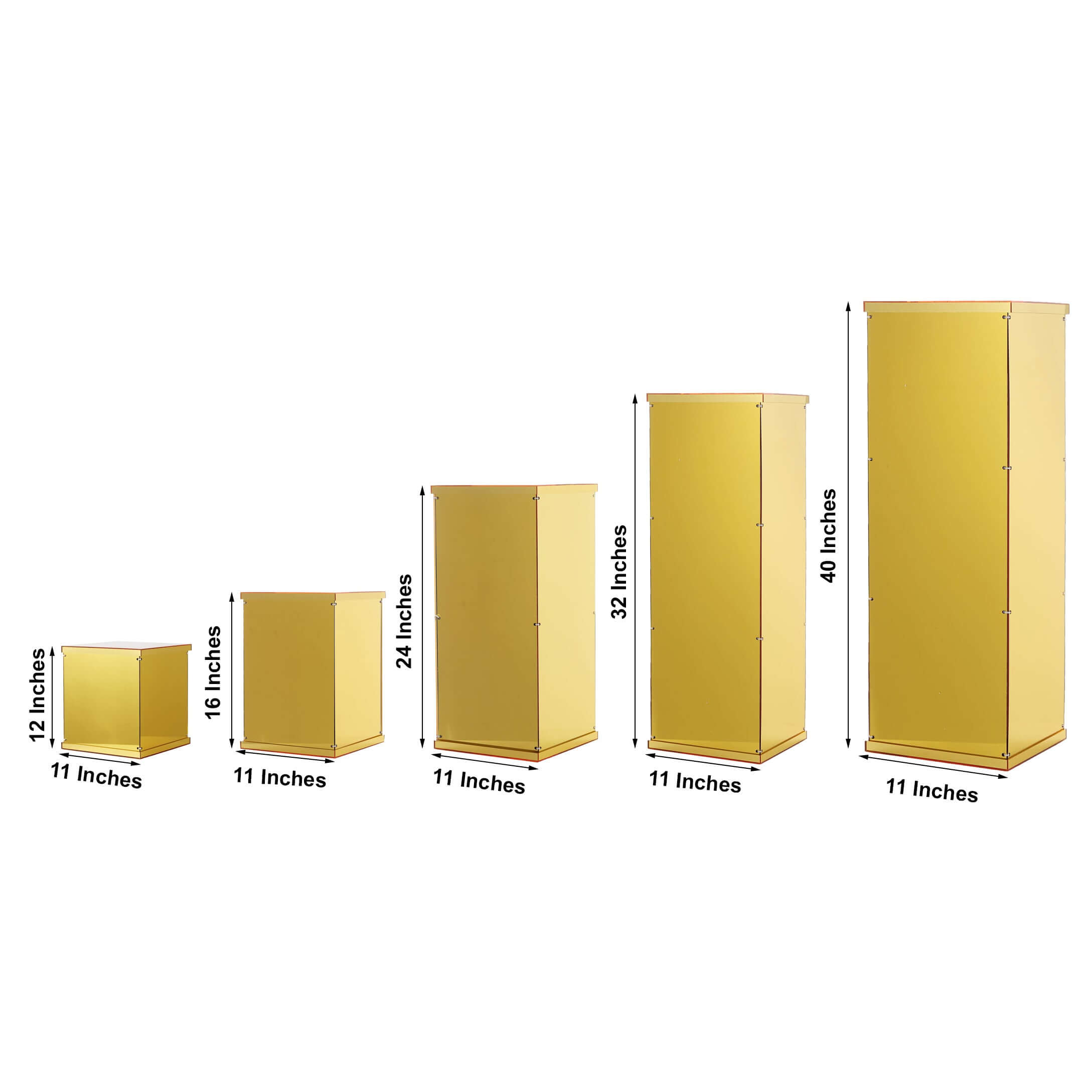 Set of 5 Gold Mirror Finish Acrylic Display Boxes, Pedestal Risers with Interchangeable Lid and Base - 12,16,24,32,40