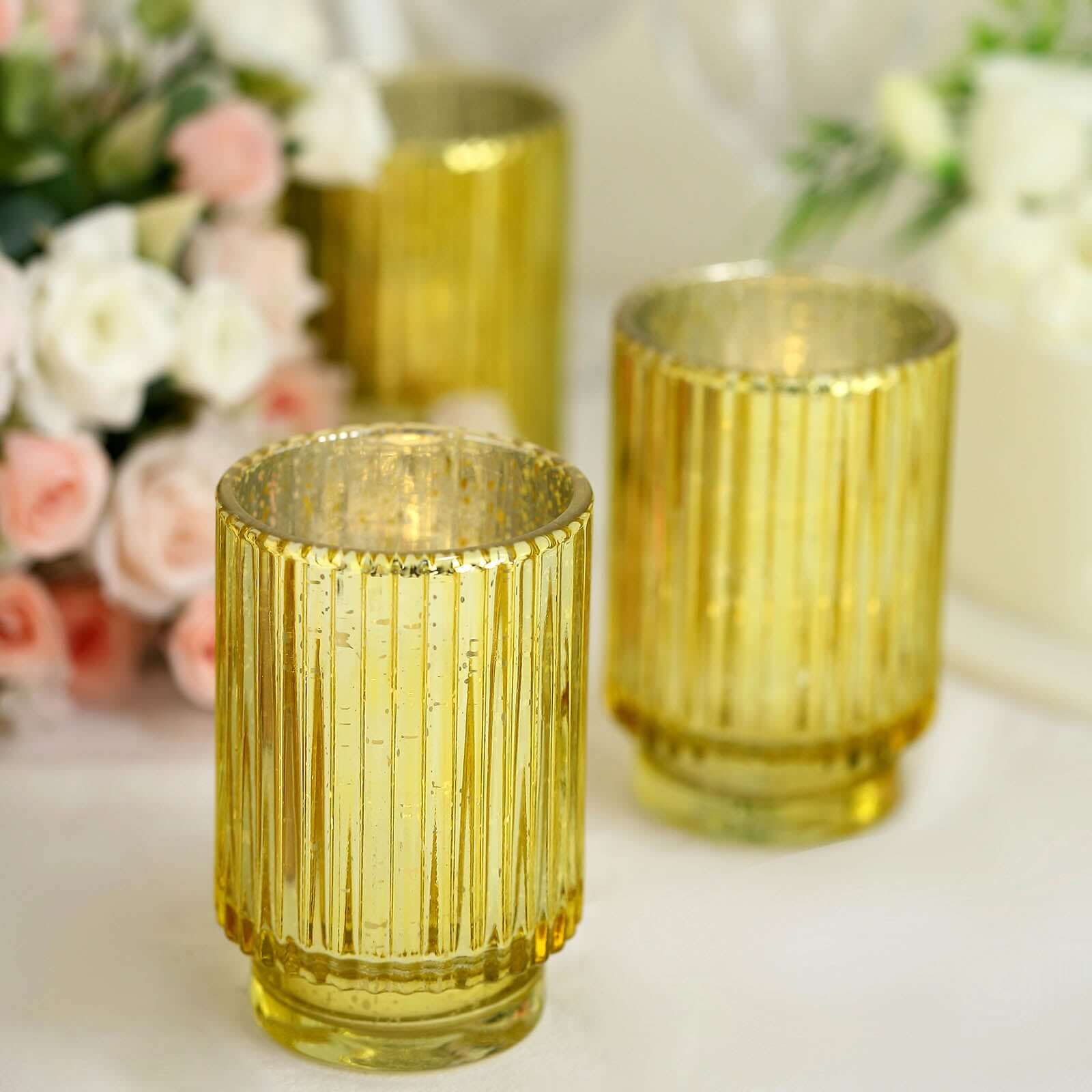 3-Pack Mercury Glass Hurricane Candle Holders Gold Wavy Column Design - Votive Pillar Vase 5