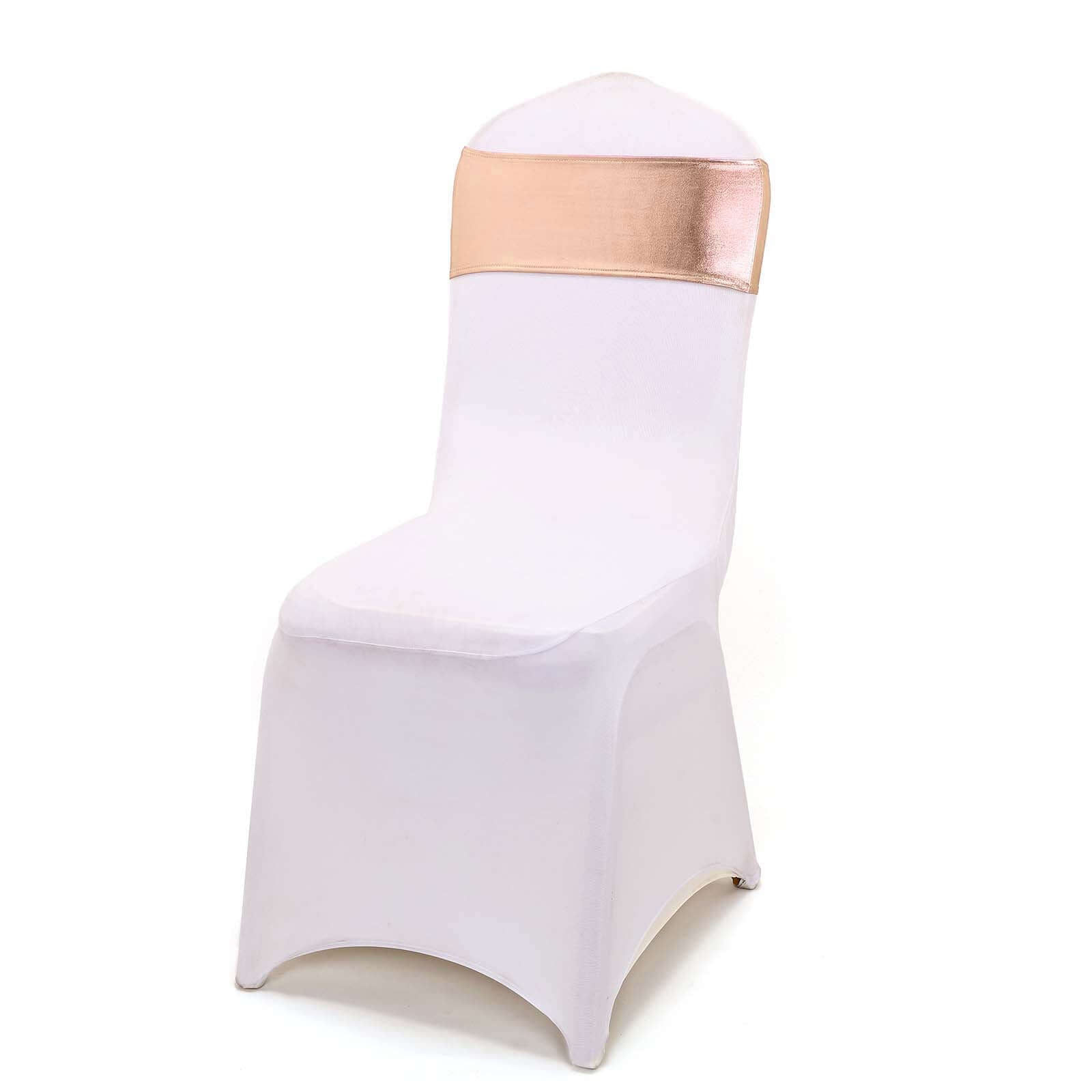 5 Pack Metallic Spandex Chair Sashes Blush - Stretch Fit Chair Bands With Round Diamond Buckles