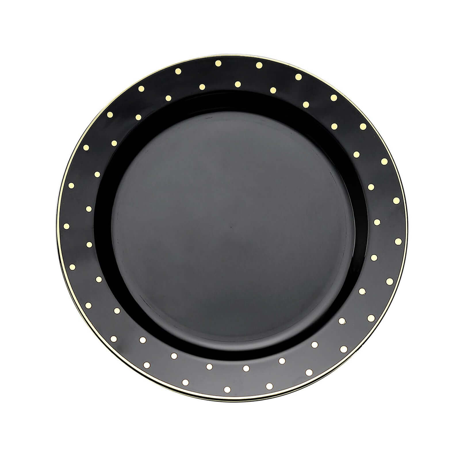 10 Pack 7.5 Black With Gold Dot Rim Plastic Dessert Plates, Round Salad Disposable Tableware Plates