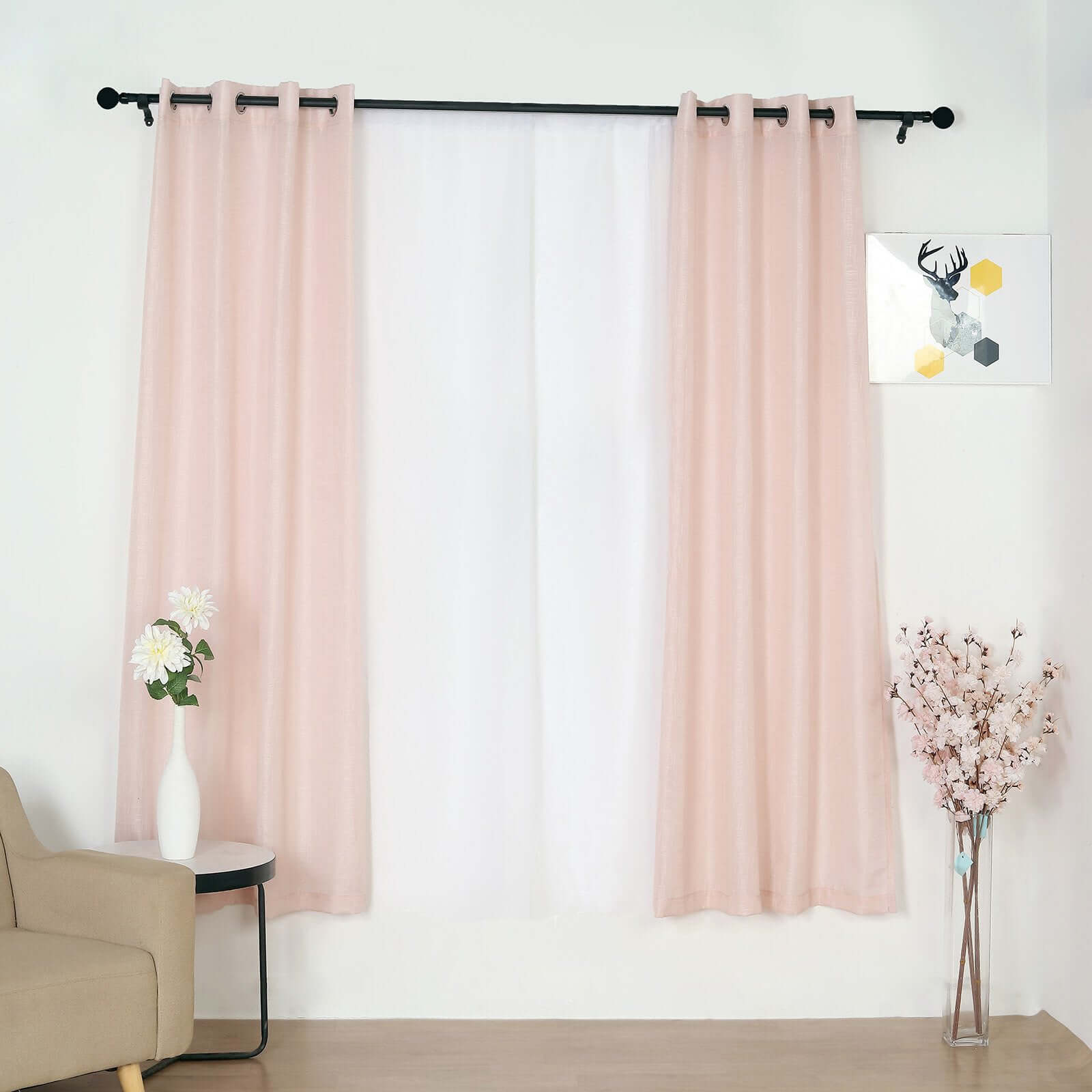 2 Pack Handmade Blush Faux Linen Curtains 52x84, Curtain Panels With Chrome Grommets -