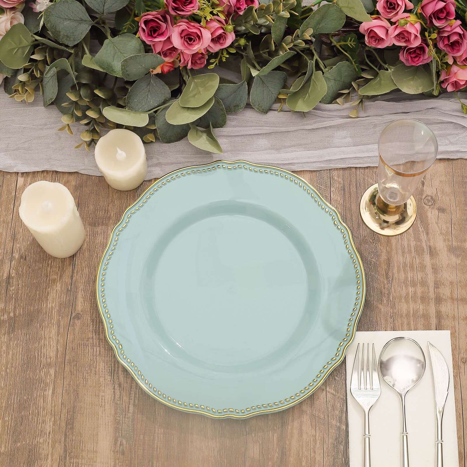 10-Pack Plastic 10 Dinner Plates in Jade with Gold Scalloped Rim - Disposable Large Party Plates