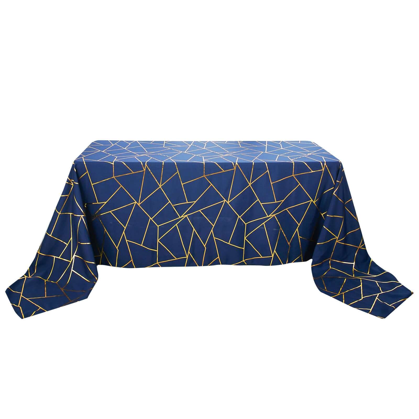 Polyester 90x156 Rectangle Tablecloth Navy Blue Seamless with Gold Foil Geometric Pattern - Wrinkle-Resistant Seamless Table Cover for Sophisticated Events