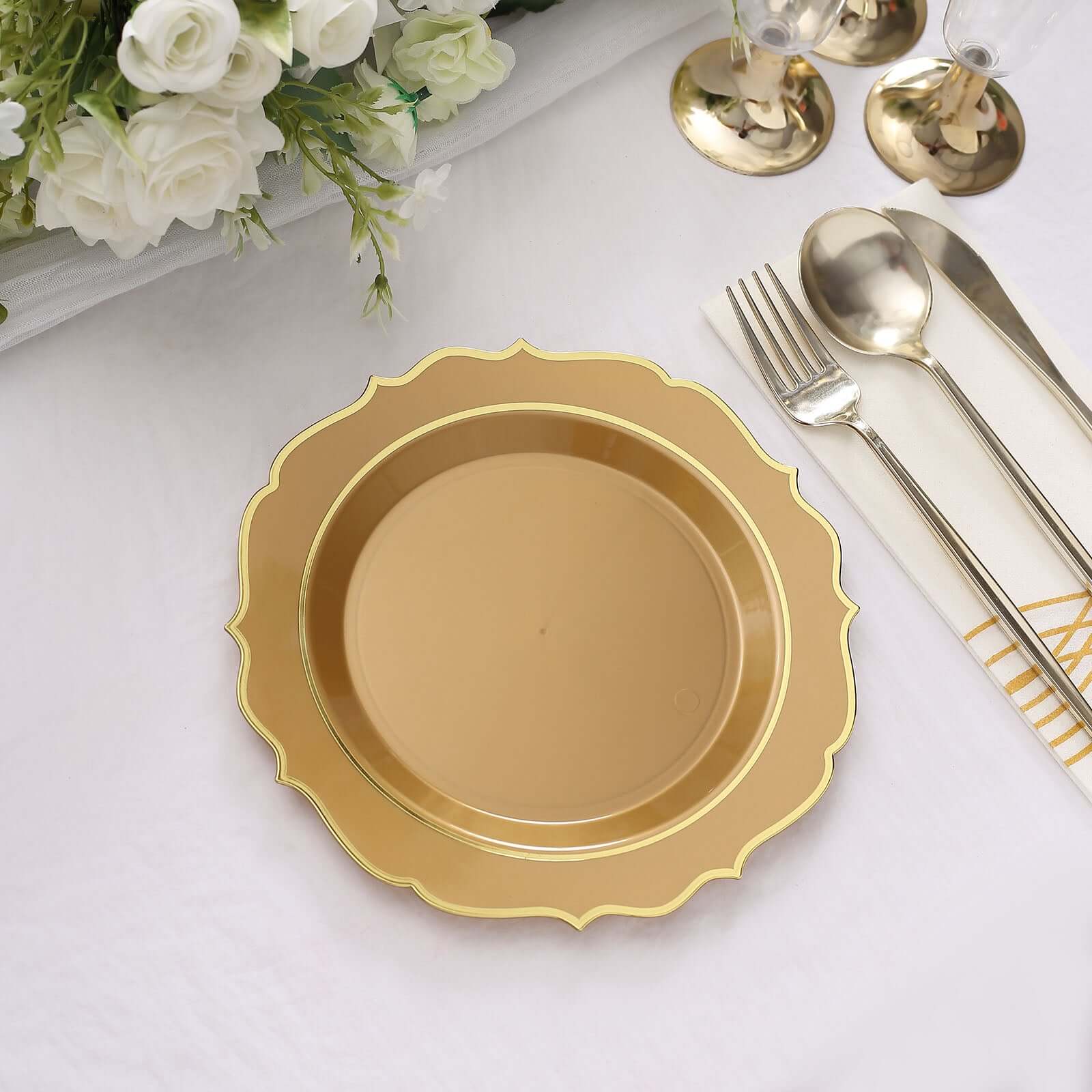 10-Pack Plastic 8 Round Desert Plates in Gold with Gold Scalloped Rim - Disposable Appetizer/Salad Plates