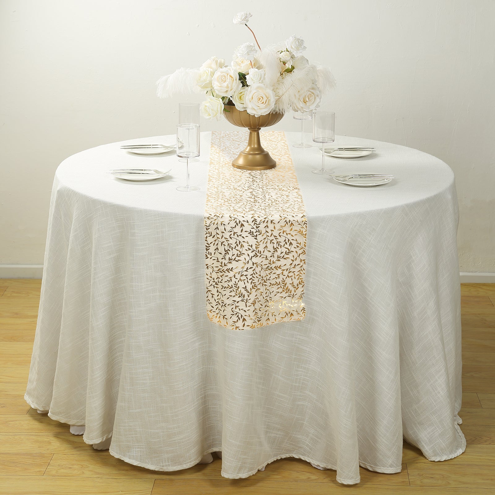 5 Pack Organza Mesh 11x108 Table Runner Rolls White with Gold Foil Leaf Vines - Disposable Stylish & Chic Table Decor