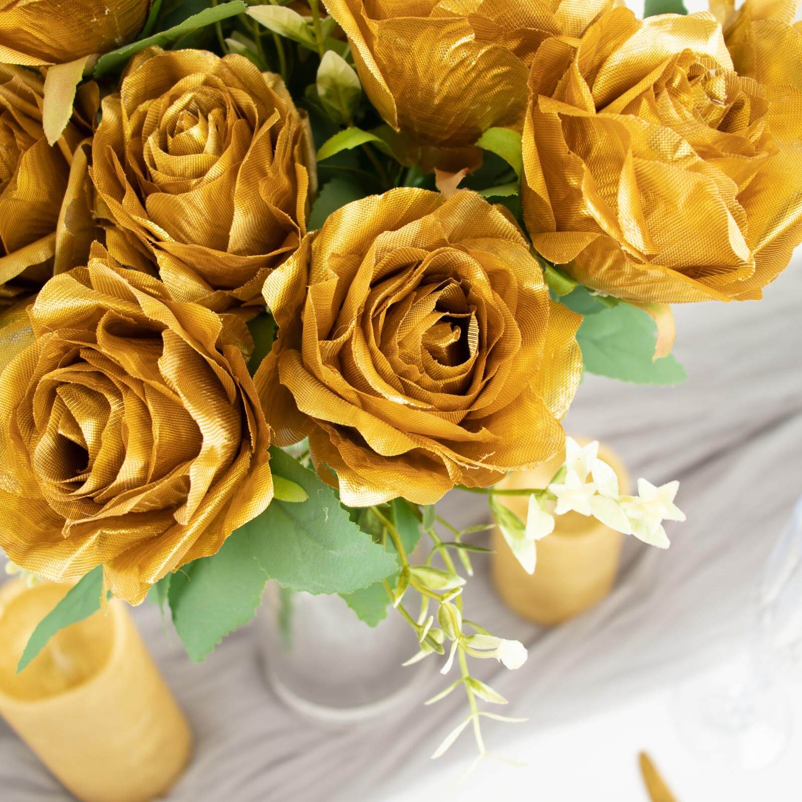 2 Bushes 18 Real Touch Gold Artificial Rose Flower Bouquet, Silk Long Stem Flower Arrangements
