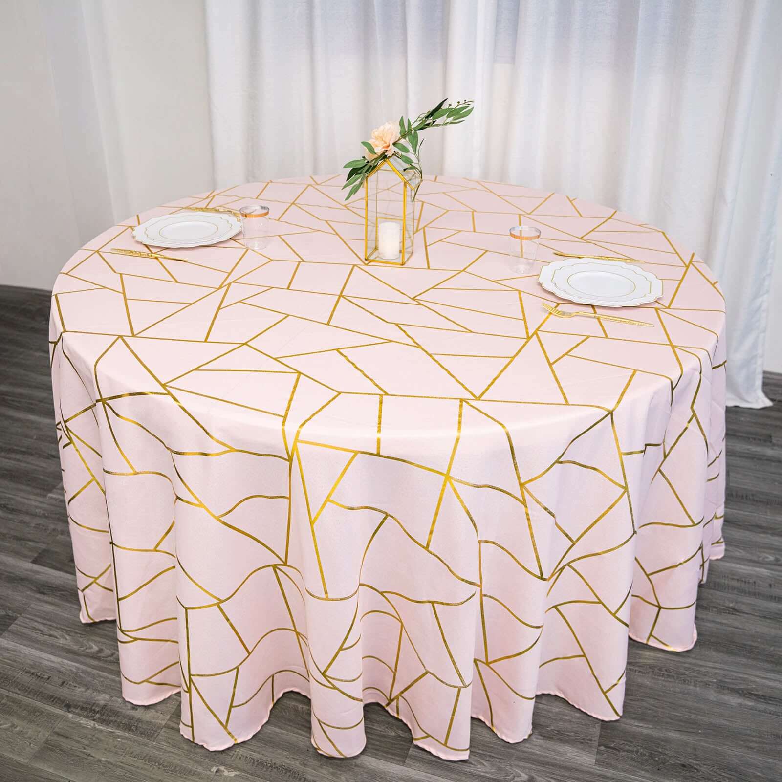 Polyester 120 Round Tablecloth Blush with Gold Foil Geometric Pattern Wrinkle-Resistant Seamless Table Cover