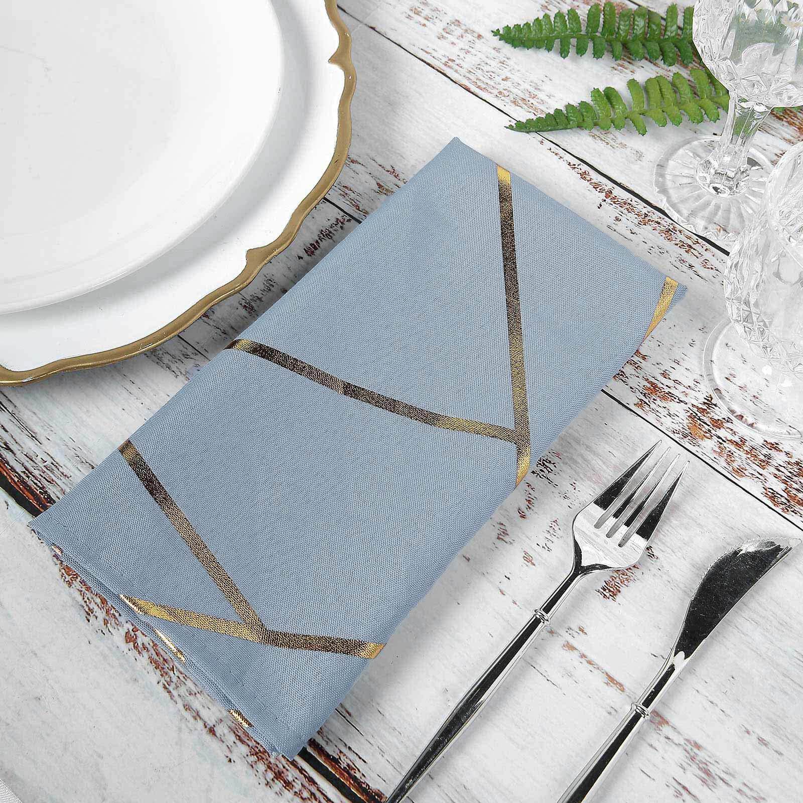 5 Pack Polyester 20x20 Napkins Dusty Blue with Gold Geometric Foil Pattern - Modern Reusable Dinner Napkins