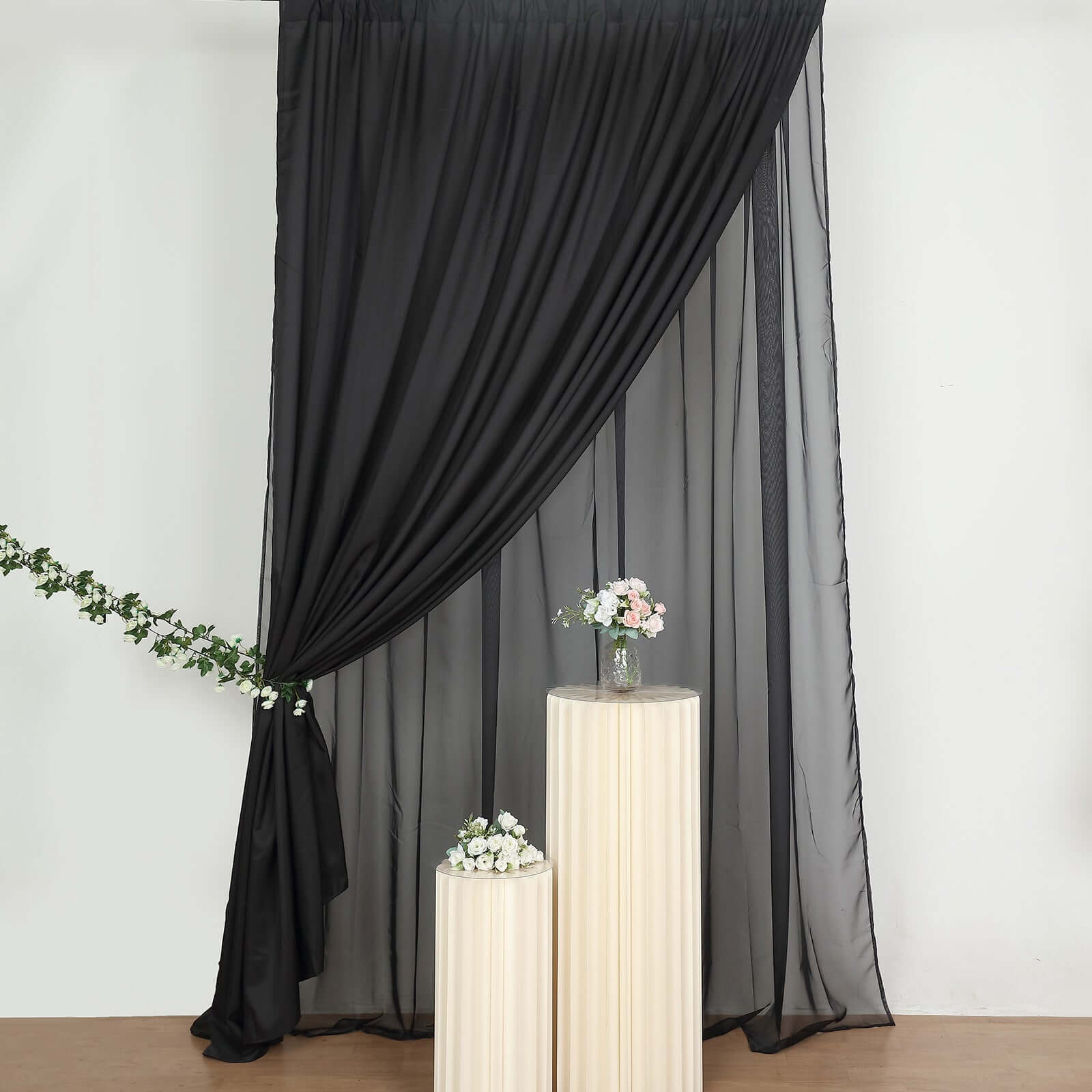 Black Chiffon Polyester Event Curtain Drapes, Dual Layer Divider Backdrop Curtain Panels with Rod Pockets - 10ftx10ft