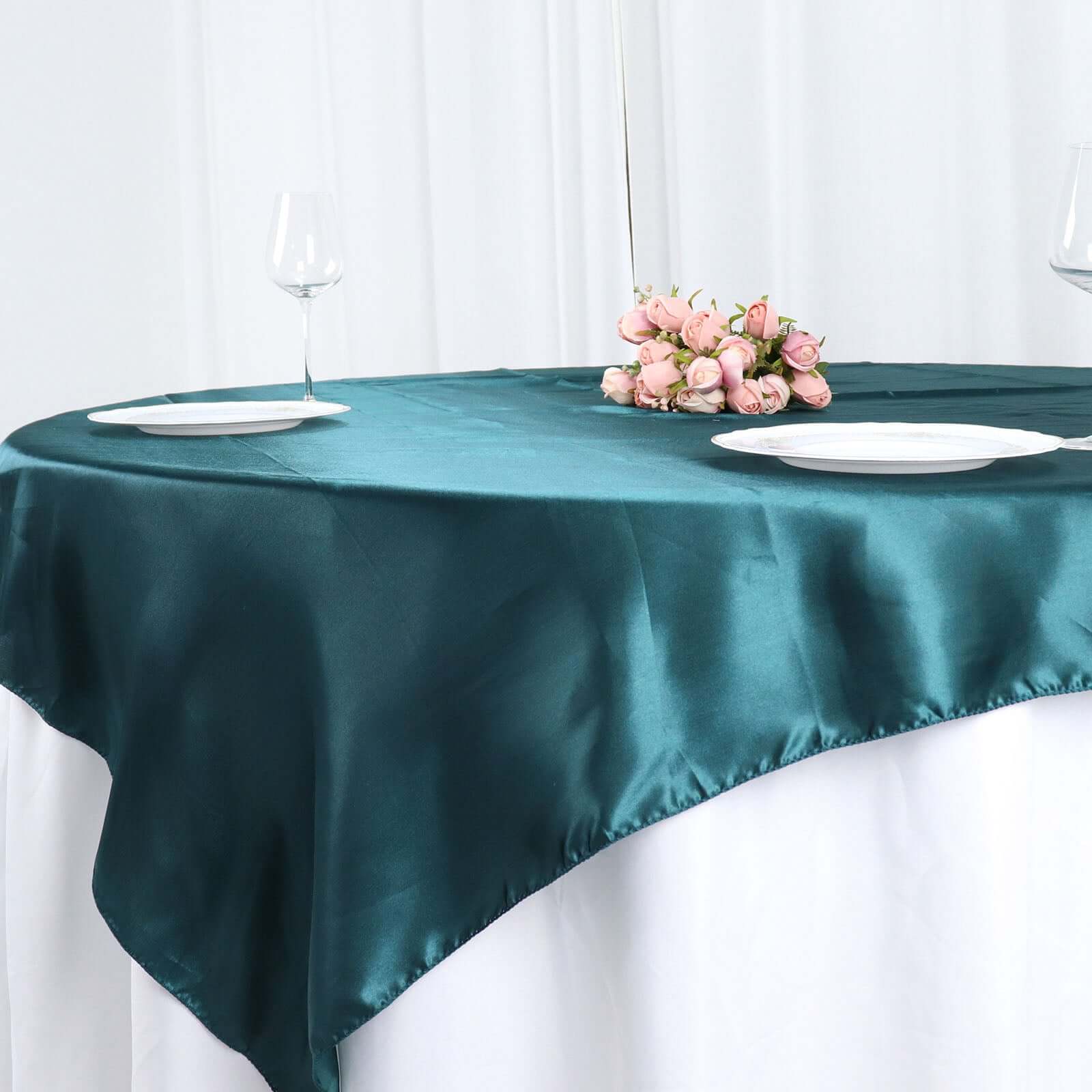 Satin 72x72 Table Overlay Square Tablecloth Peacock Teal - Smooth Finish Table Cover