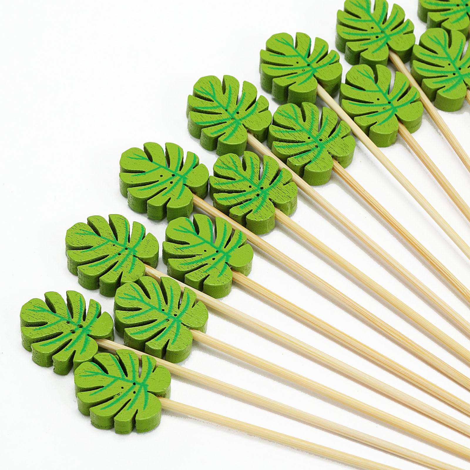 100-Pack Bamboo Cocktail Sticks Tropical Leaf Decorative Top Design - Eco Friendly Party Picks 5