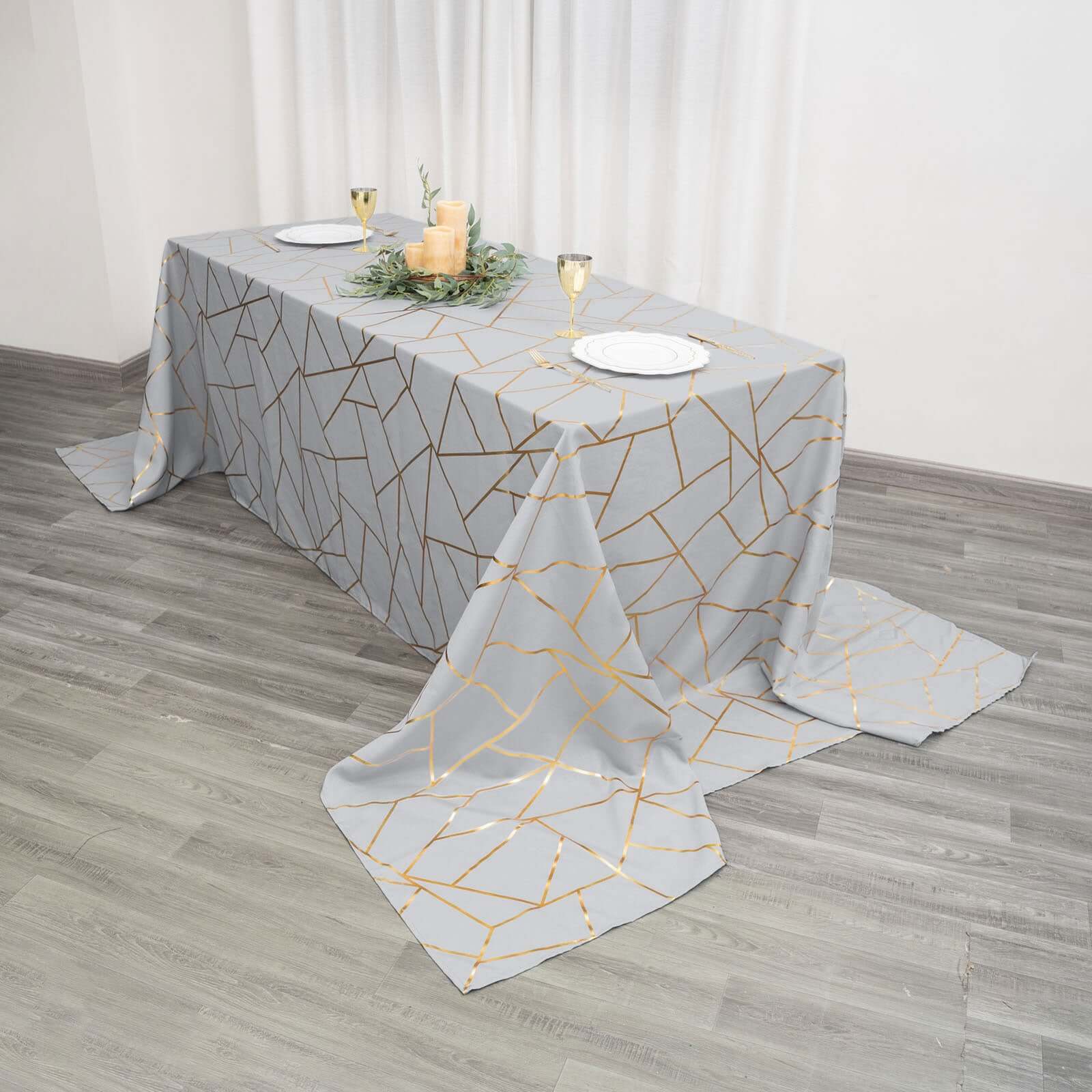 Polyester 90x156 Rectangle Tablecloth Silver Seamless with Gold Foil Geometric Pattern - Wrinkle-Resistant Seamless Table Cover for Sophisticated Events