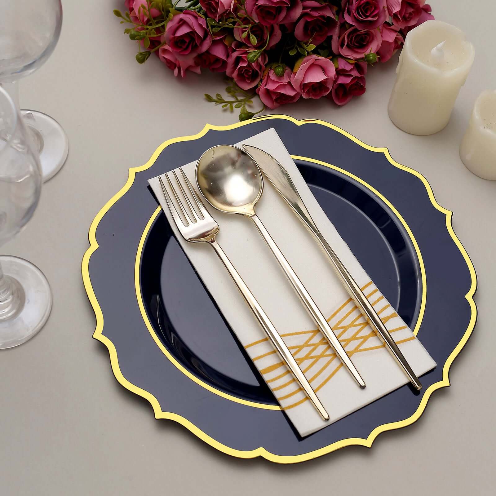 10-Pack Plastic 10 Round Dinner Plates in Navy Blue with Gold Scalloped Rim - Disposable Party Plates