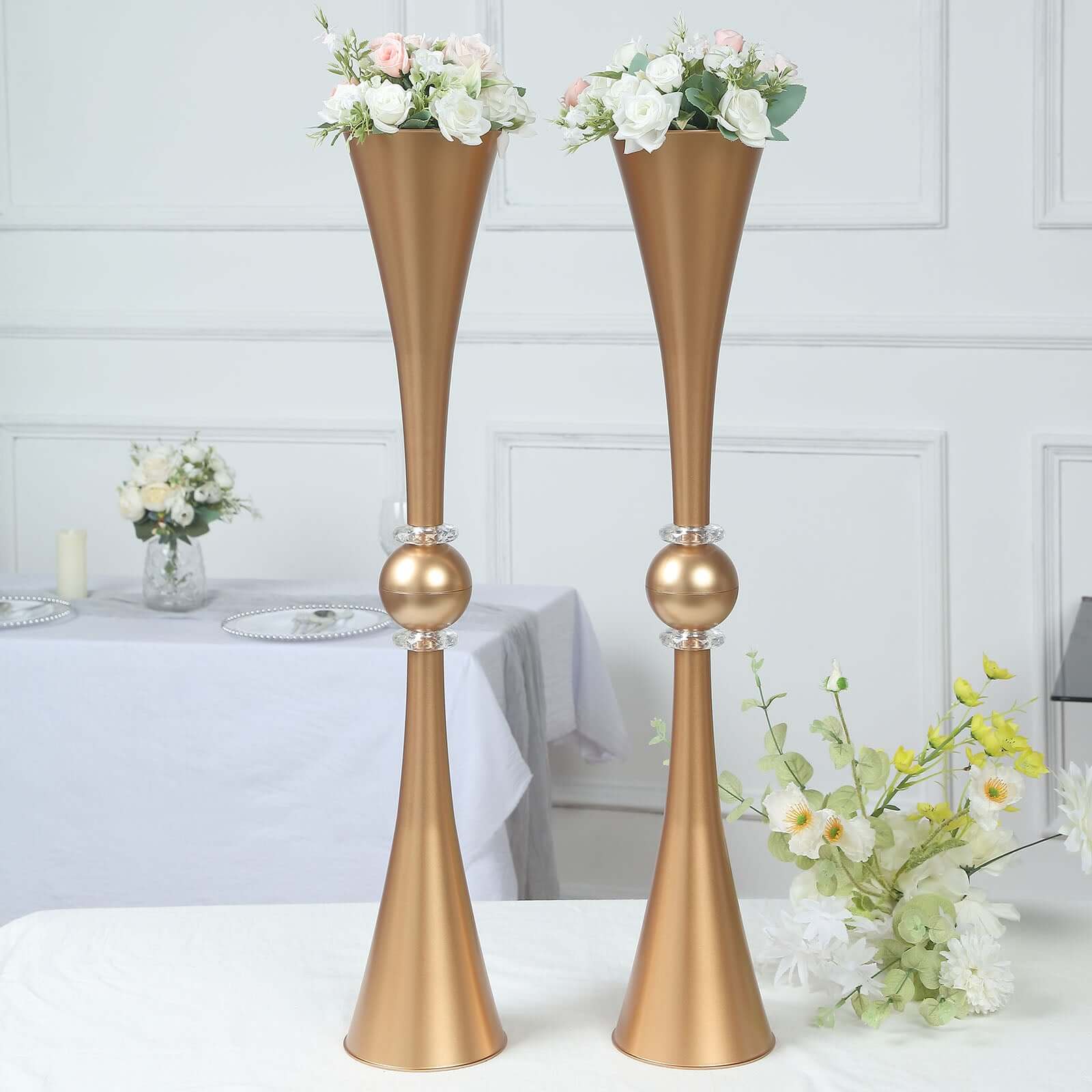 2 Pack 31 Shiny Gold Crystal Embellishment Trumpet Flower Vase, Reversible Plastic Table Centerpiece