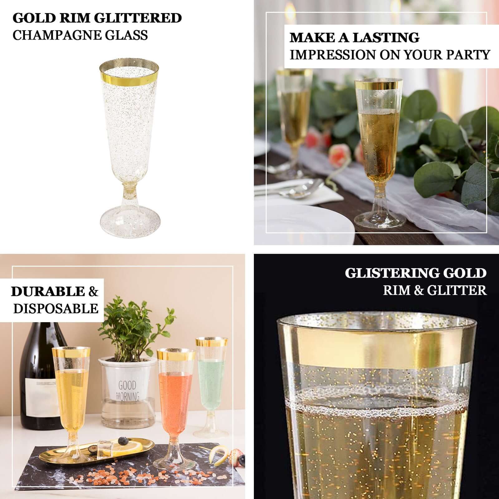 12-Pack Plastic Champagne Flutes Clear Gold Glittered with Gold Rim - Stylish Disposable Cocktail Glasses for Parties 5oz 6