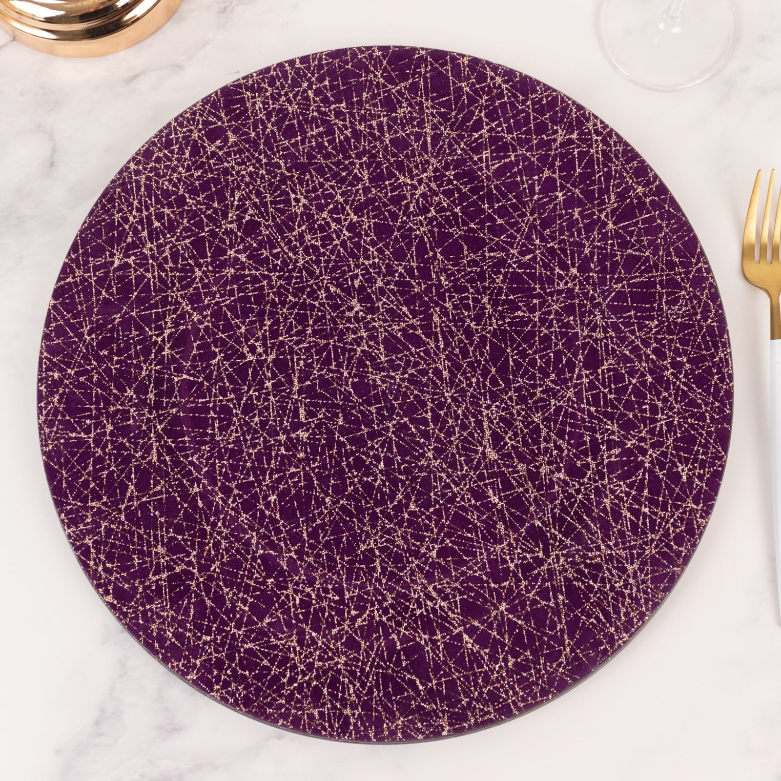 6-Pack Acrylic Round Charger Plates 13 in Purple with Gold Glitter Abstract Lines Pattern, Decorative Dinner Party Charger Tableware