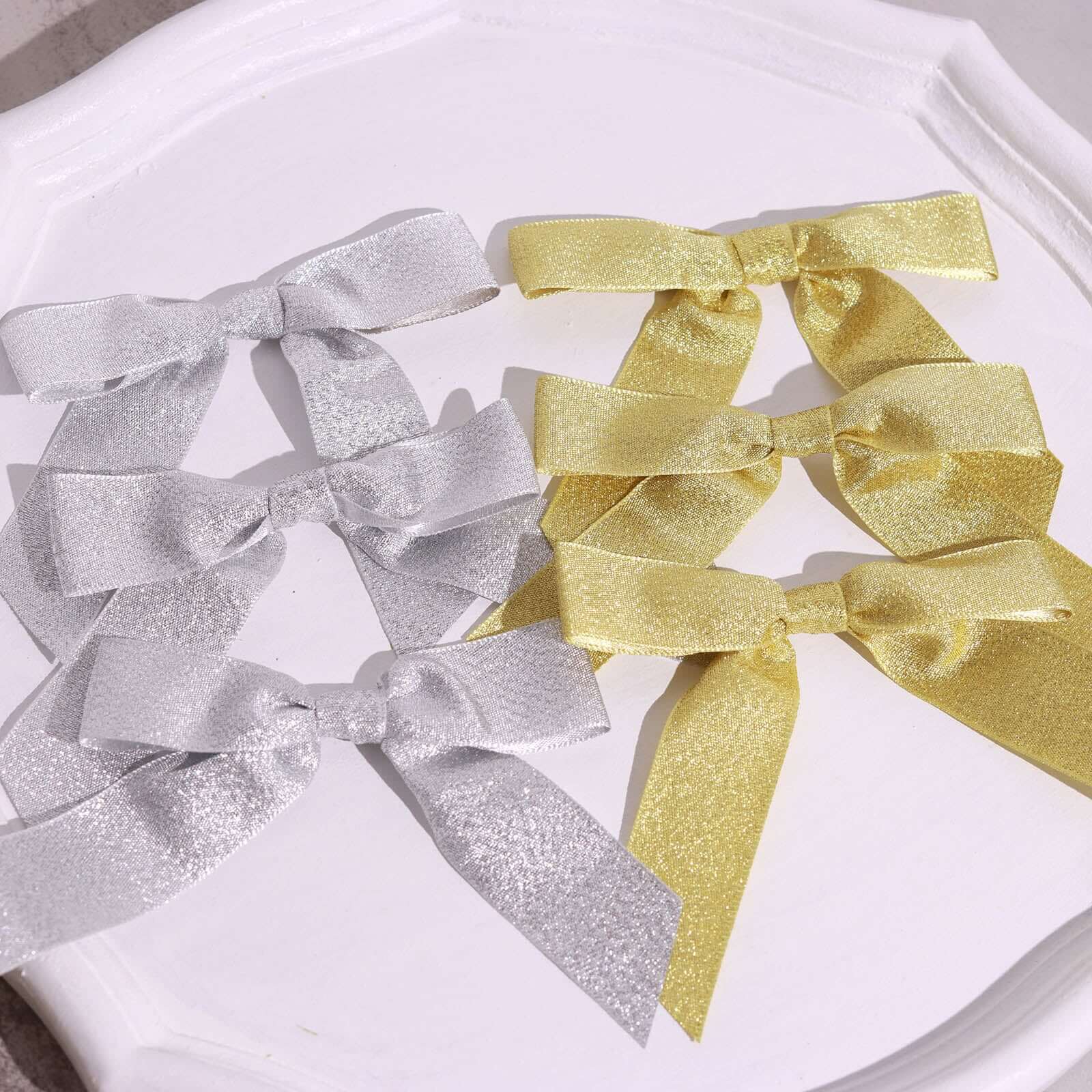 50 Pcs 4 Nylon Ribbon Bows With Twist Ties, Gift Basket Party Favor Bags Decor - Gold Glitter Design