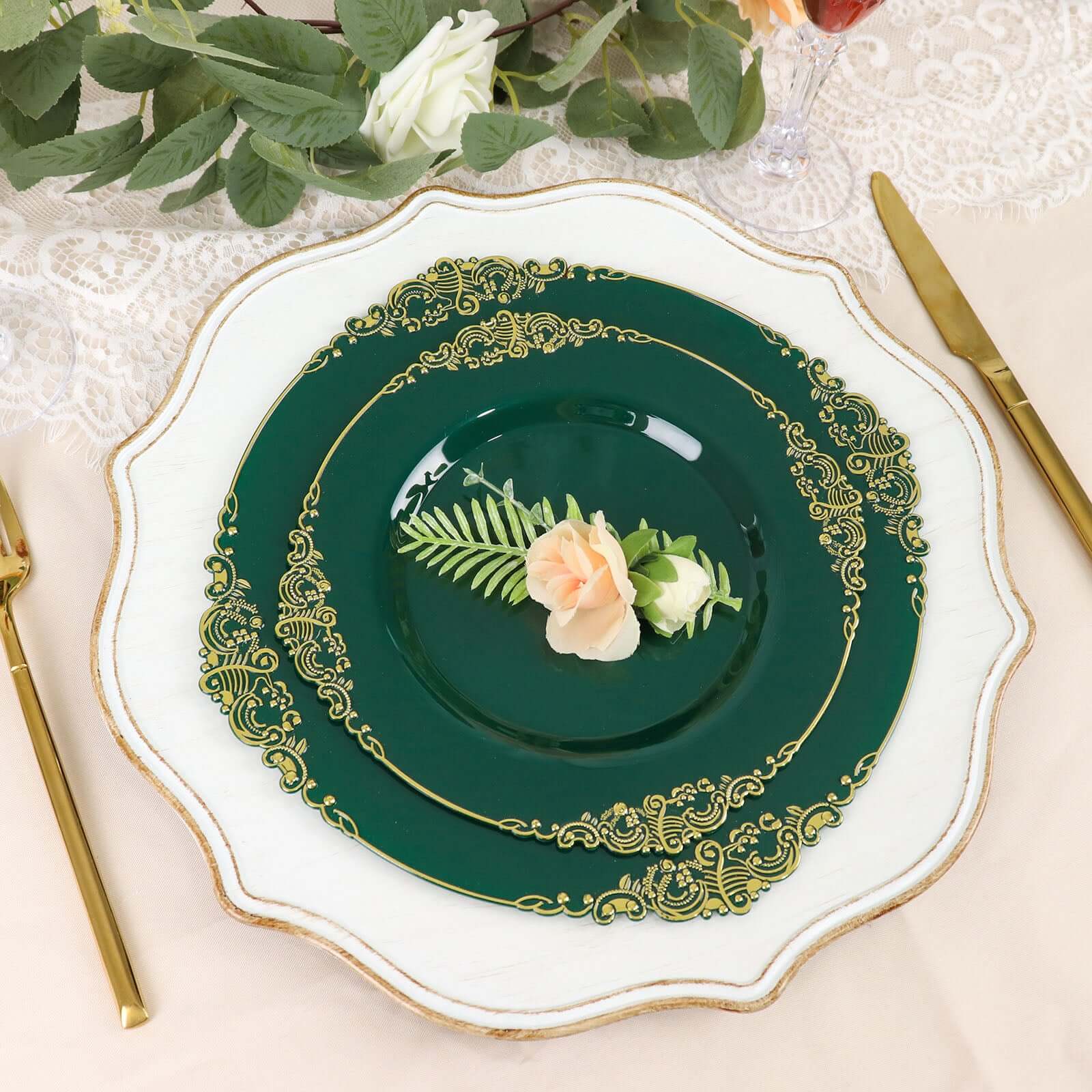 10-Pack Plastic 8 Round Dessert Plates in Hunter Emerald Green with Gold Leaf Embossed Rim - Disposable Vintage Baroque Style Salad Plates