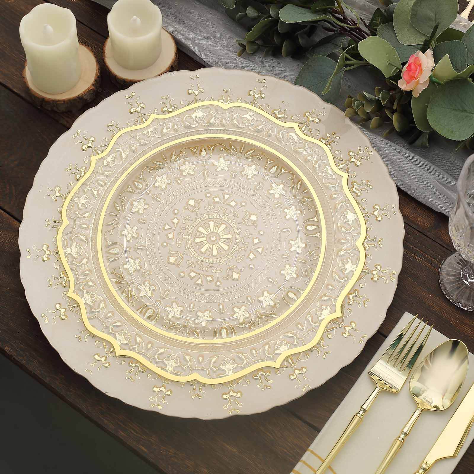 8-Pack Glass Round Charger Plates 13 in Gold with Monaco Style Ornate Design, Classy Decorative Dinner Chargers