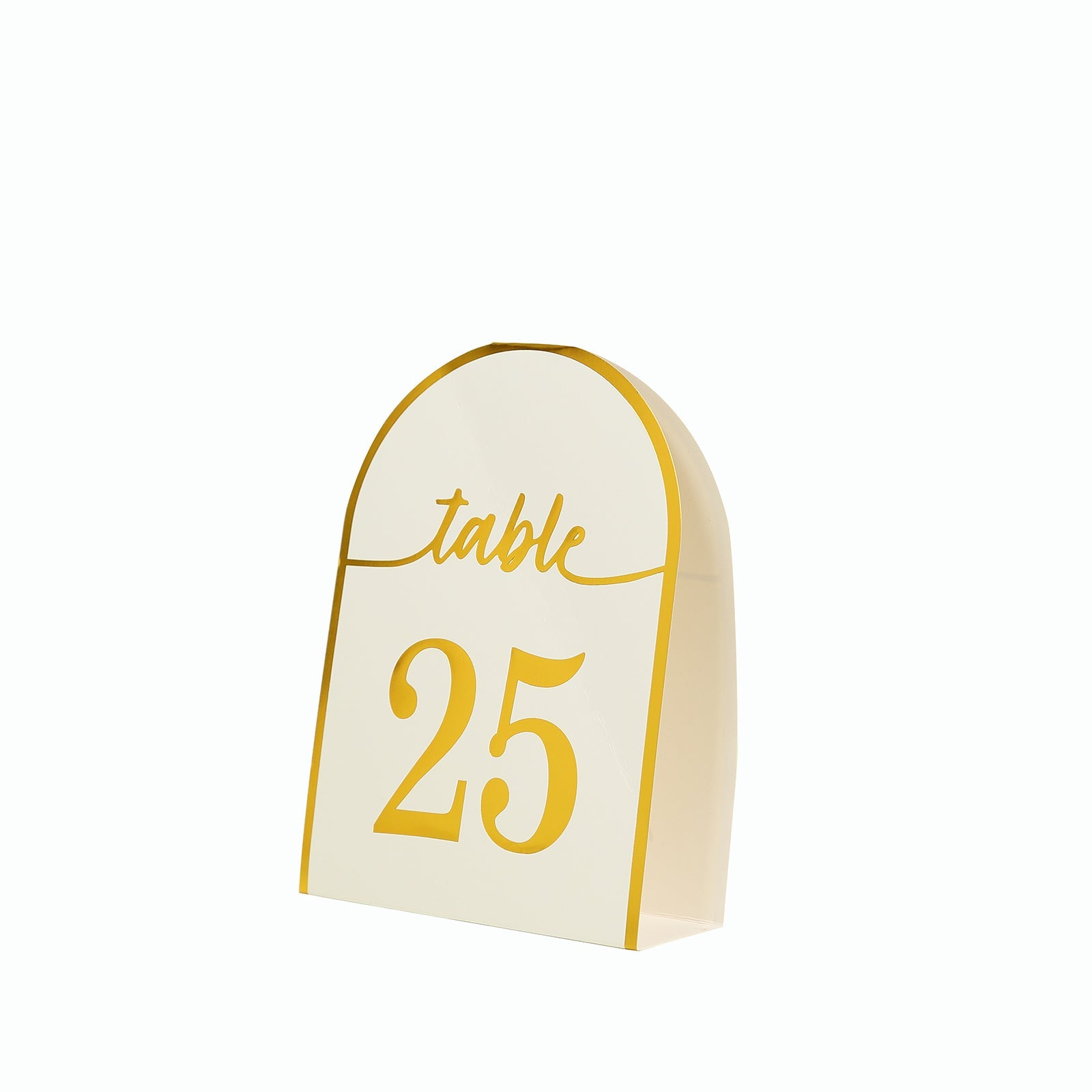 25-Pack Paper Wedding Table Numbers 1-25 White Arch Cutout Design - Sleek & Modern Free Standing Double Sided Table Tent Cards with Metallic Gold Foil Numbers 7