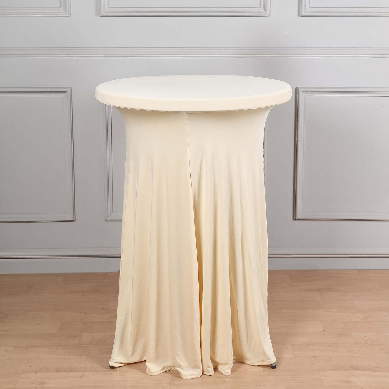 Spandex 32 Round Cocktail Table Cover Skirt Beige With Natural Wavy Drapes