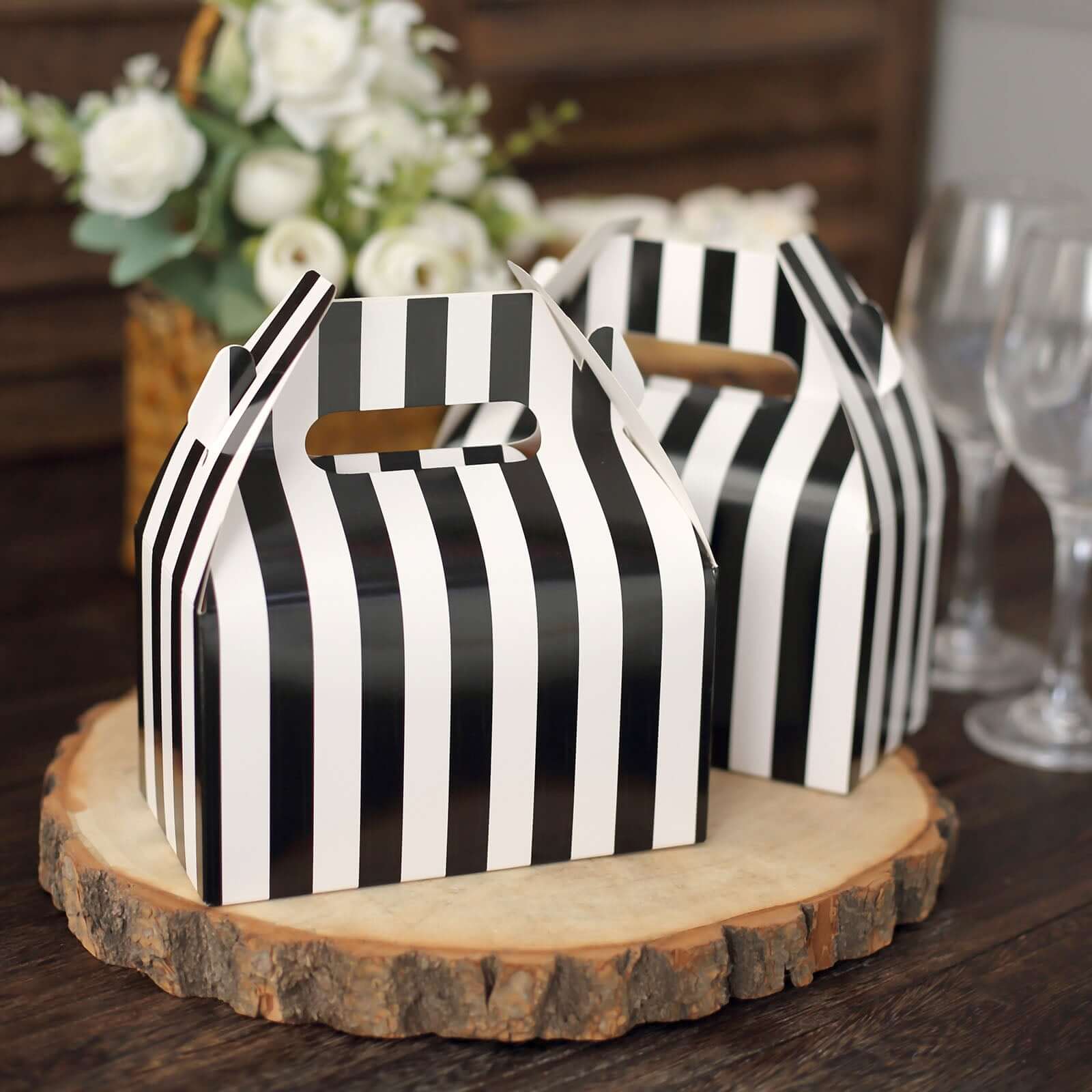 25 Pack White Black Striped Candy Gift Tote Gable Boxes, Party Favor Treat Bags - 6x3.5x7