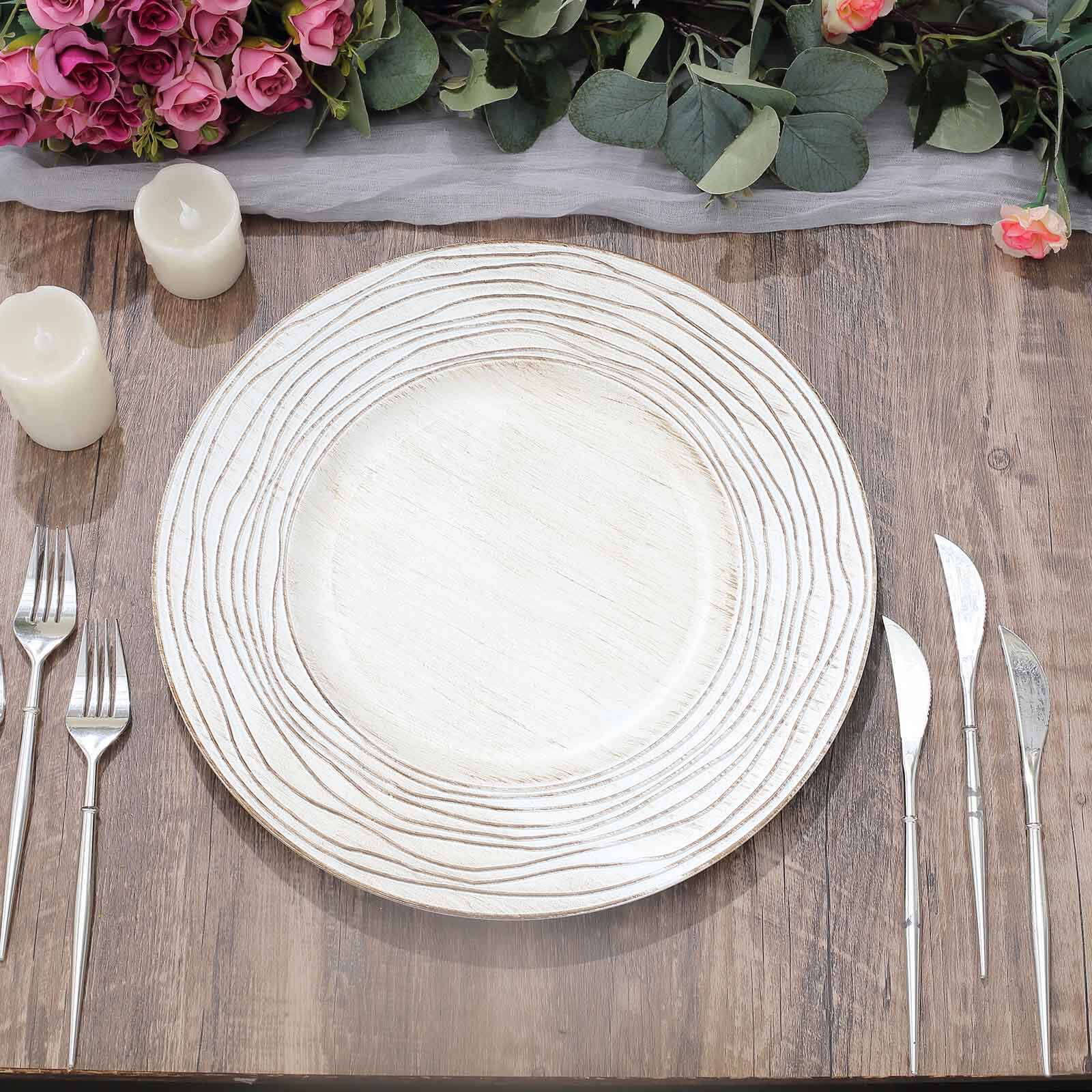 6-Pack Faux Wood Round Charger Plates 13 White Washed with Rose Embossed Rim, Disposable Plastic Charger Tableware