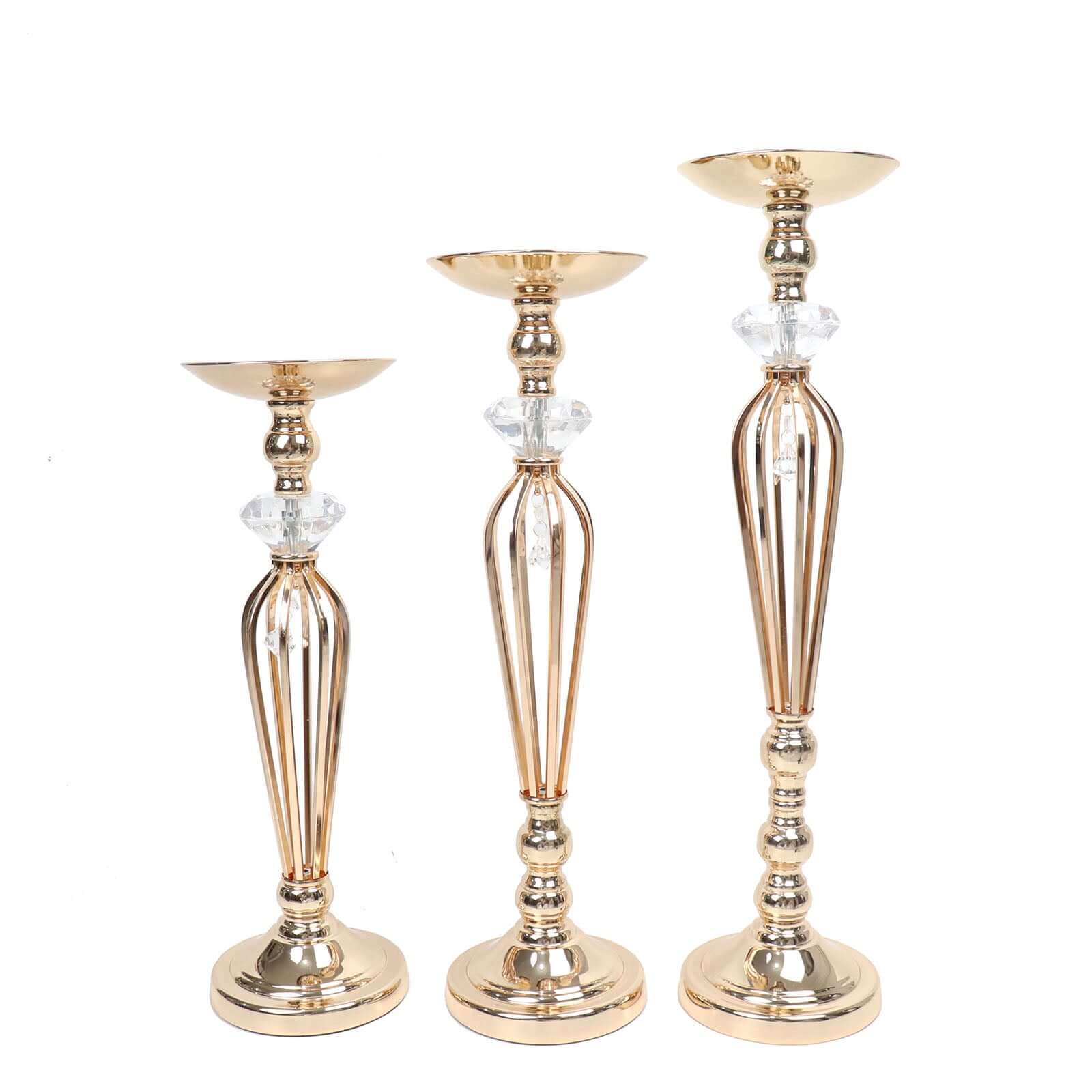 Set of 3 Metal Pedestal Stands with Crystal Ball Flower Bowl Design Gold - Pillar Candle Holders 20, 23, 25