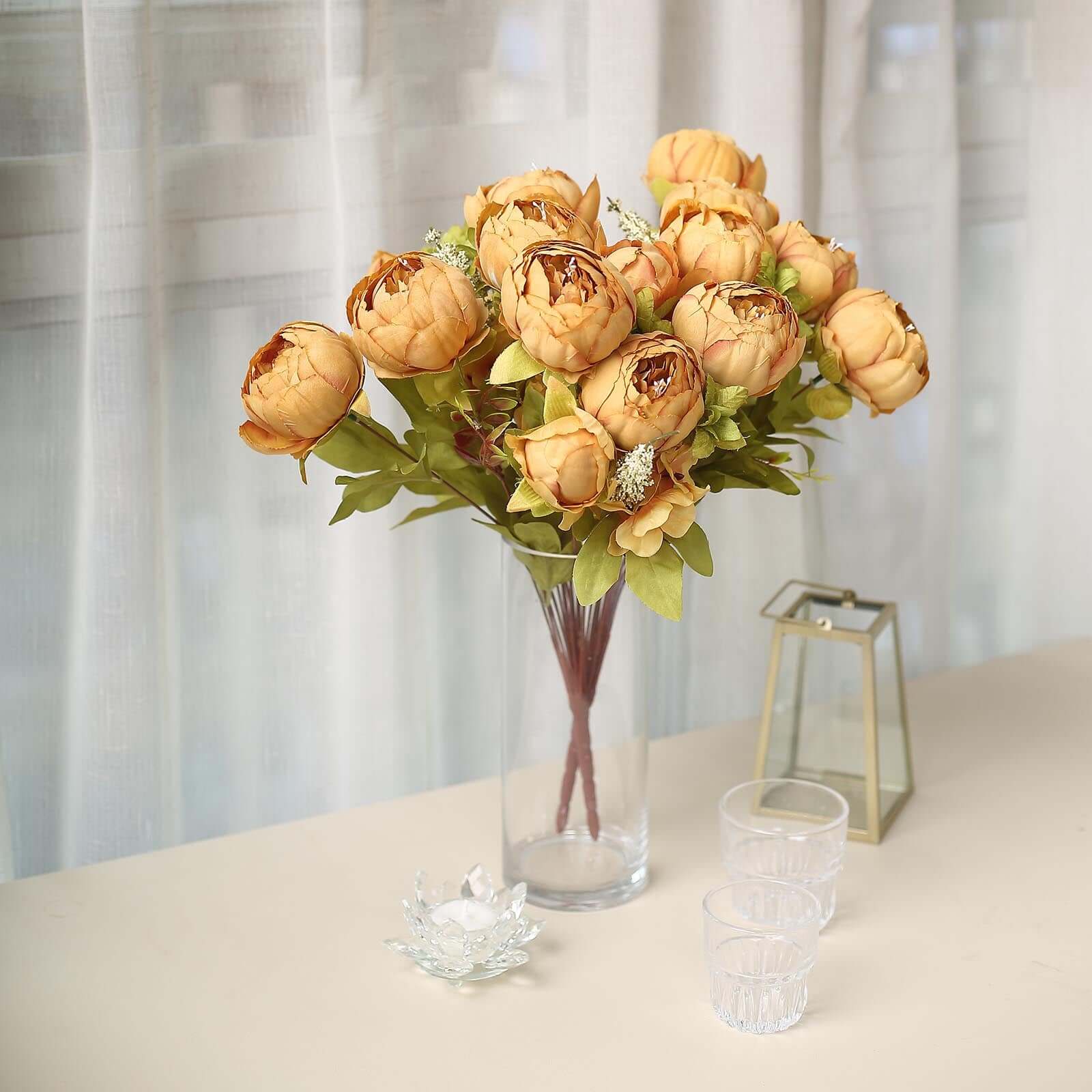 2 Pack 19 Gold Artificial Peony Flower Wedding Bouquets, Faux Silk Flower Arrangements