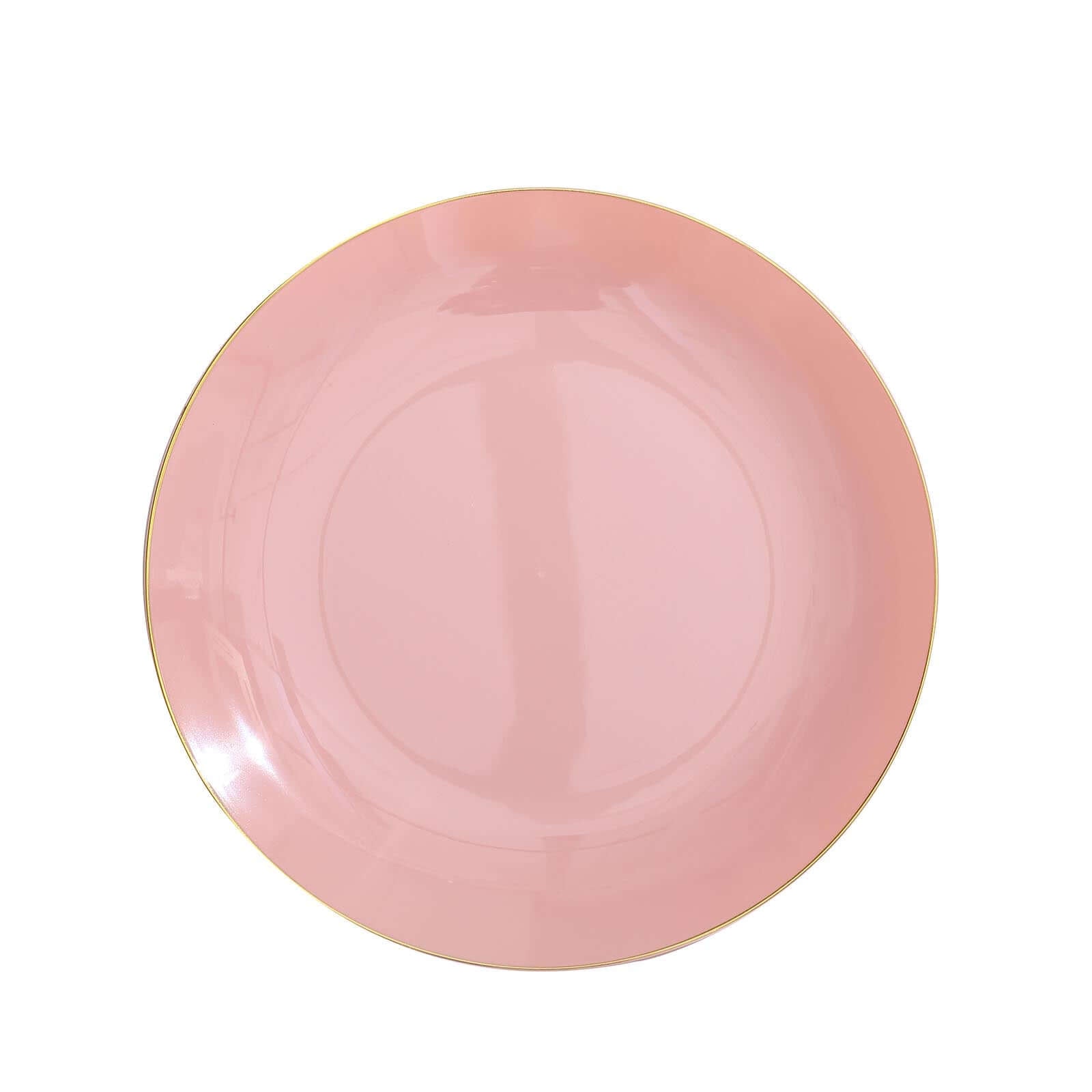 10-Pack Plastic 10 Round Dinner Plates in Dusty Rose with Gold Rim - Glossy Disposable Party Plates