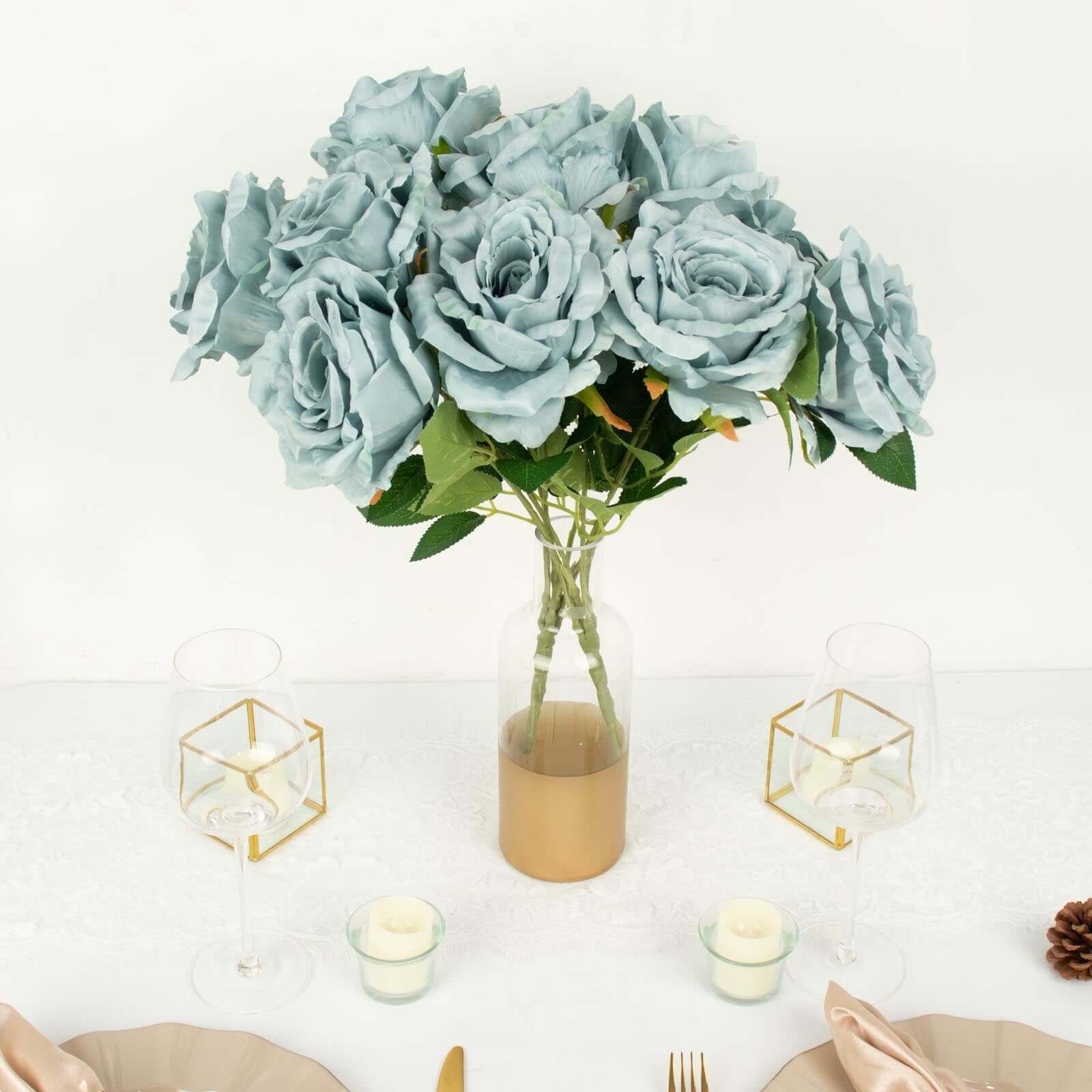 2 Bushes 17 Dusty Blue Premium Silk Jumbo Rose Flower Bouquet, High Quality Artificial Wedding Floral Arrangements
