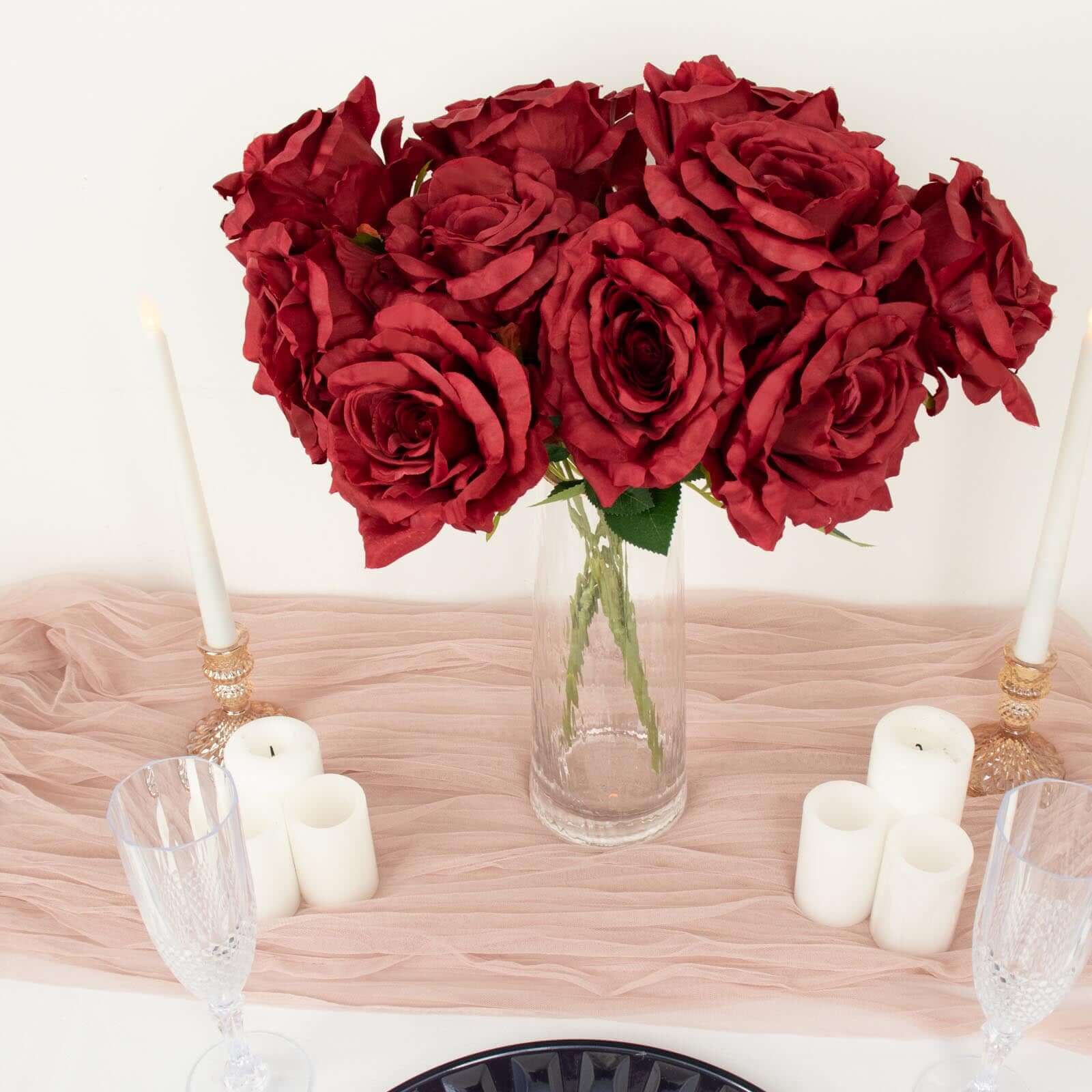 2 Bushes 17 Burgundy Premium Silk Jumbo Rose Flower Bouquet, High Quality Artificial Wedding Floral Arrangements