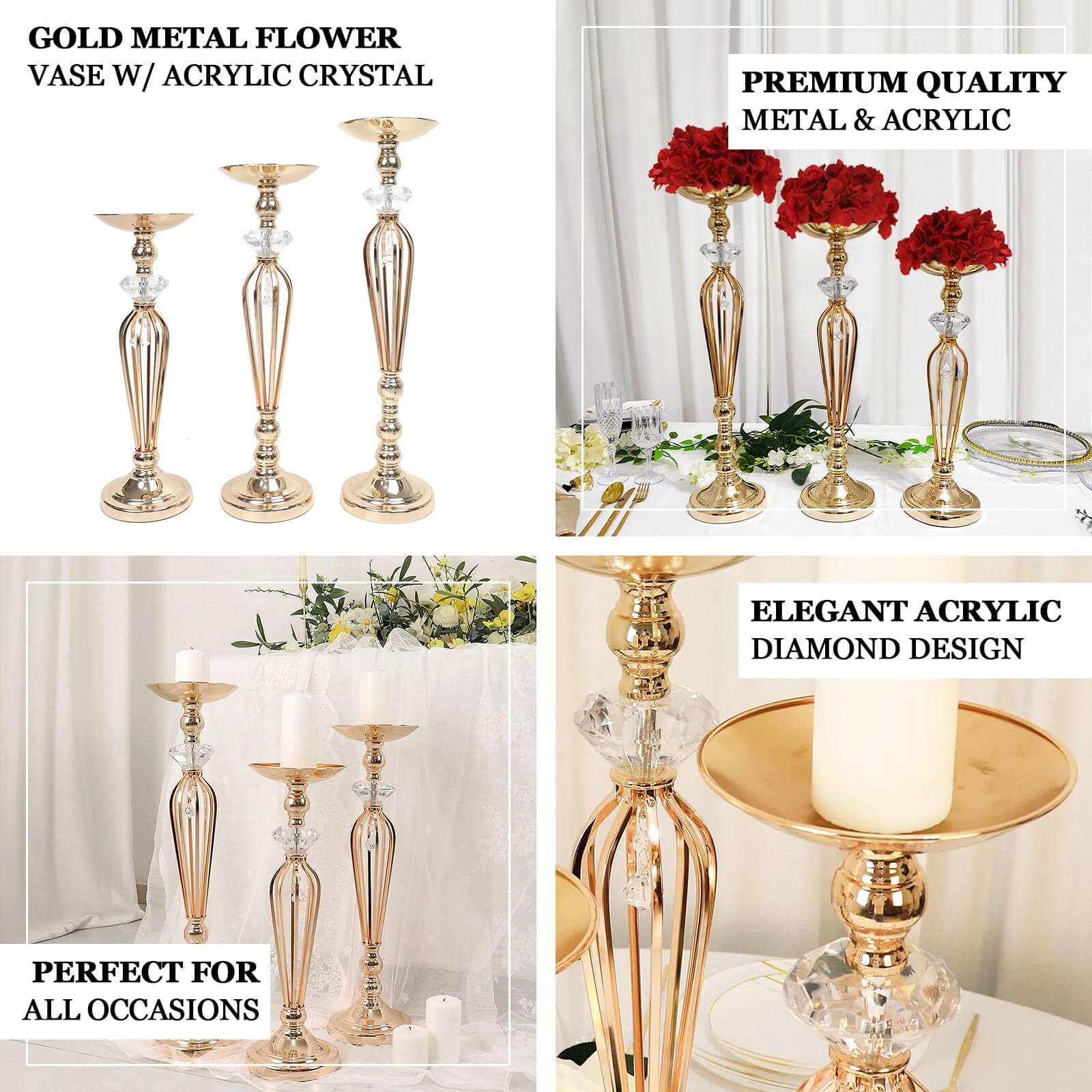 Set of 3 Metal Pedestal Stands with Crystal Ball Flower Bowl Design Gold - Pillar Candle Holders 20, 23, 25