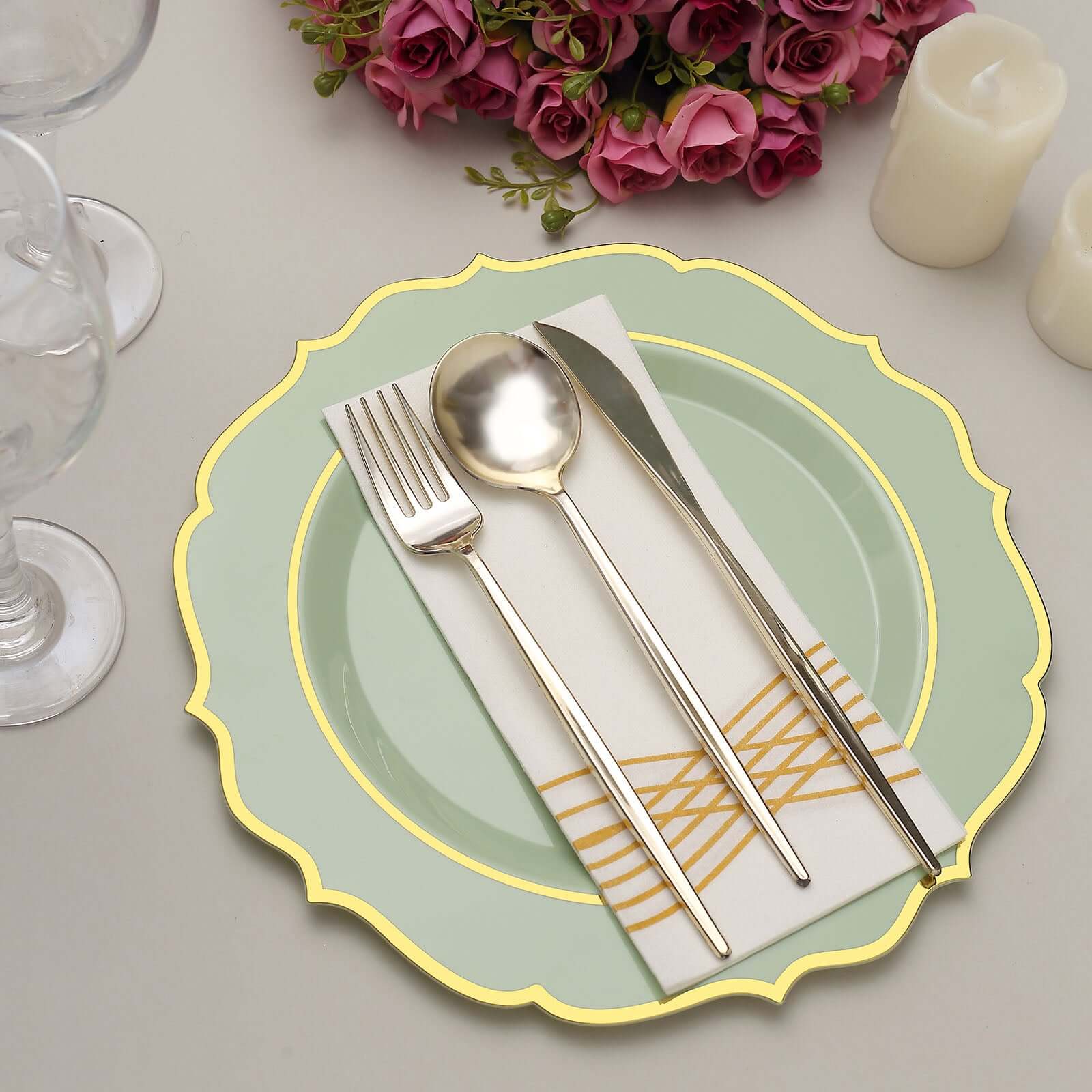 10-Pack Plastic 10 Round Dinner Plates in Sage Green with Gold Scalloped Rim - Disposable Party Plates