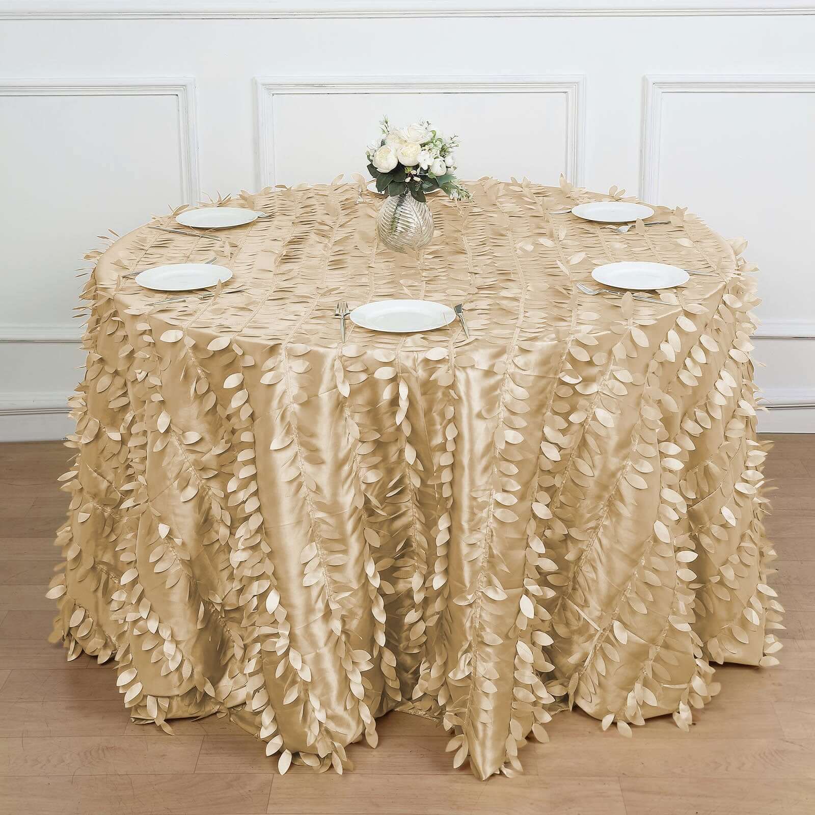 Taffeta 120 Round Tablecloth Champagne 3D | 3D Leaf Petal Design Seamless Table Cover