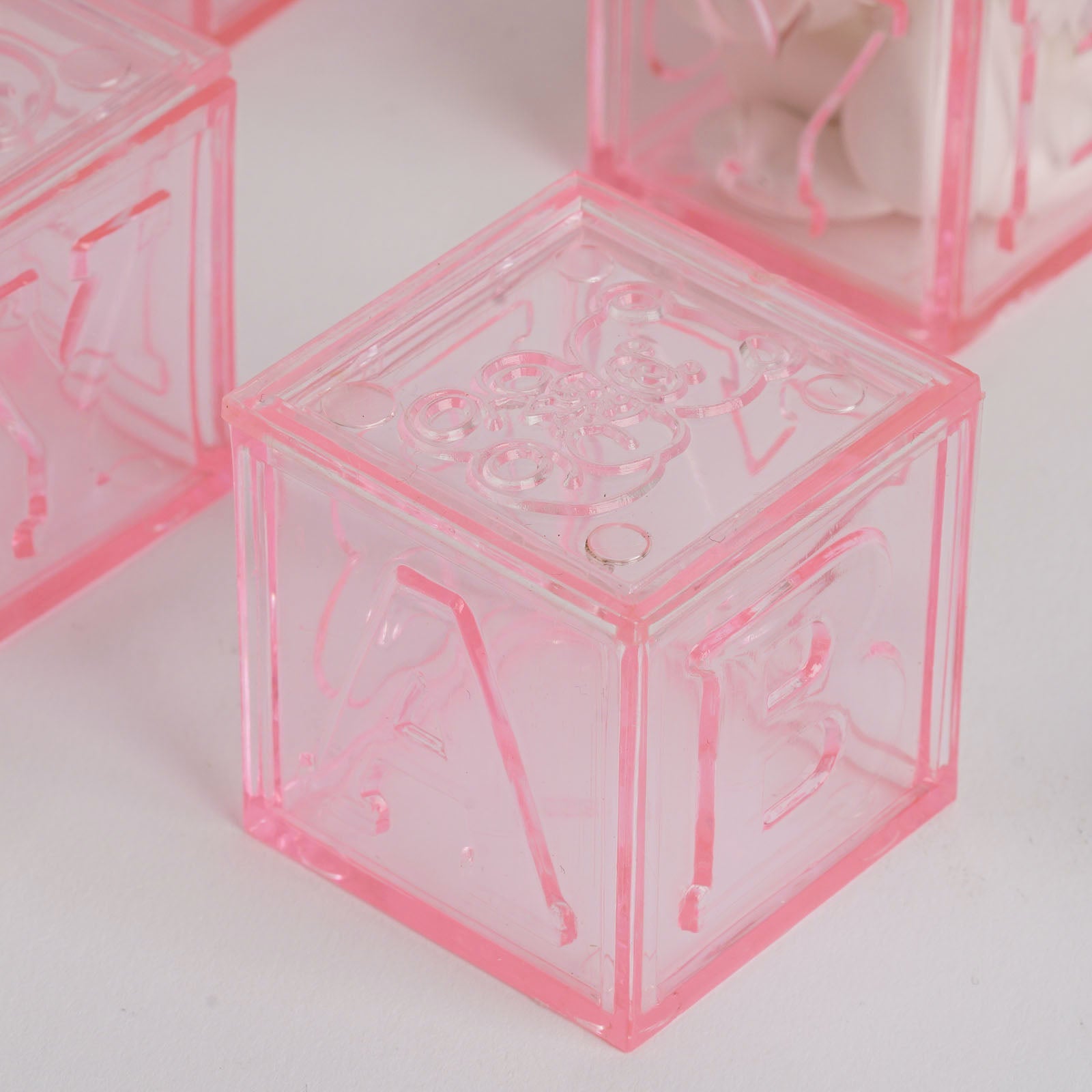 12 Pack 2 Pink Fillable Plastic Baby Shower Candy Gift Boxes, Transparent Baby Blocks Favor Boxes