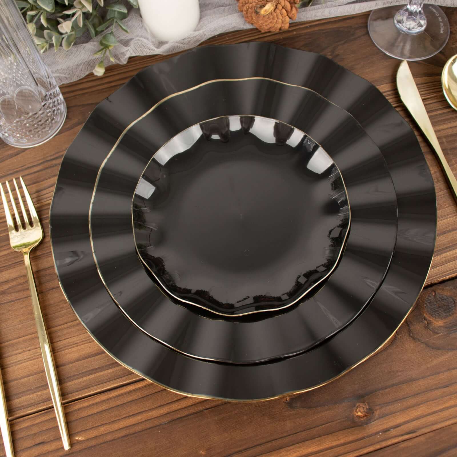 10-Pack Plastic Round 6 Dessert Plates in Black Ruffled Rim with Gold Edging - Sturdy Disposable Salad Appetizer Dinnerware