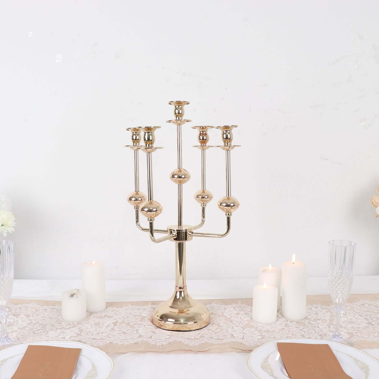 5-Arm Taper Candelabra Wedding Candle Holder Gold Metal Table Display - Perfect for Events 20