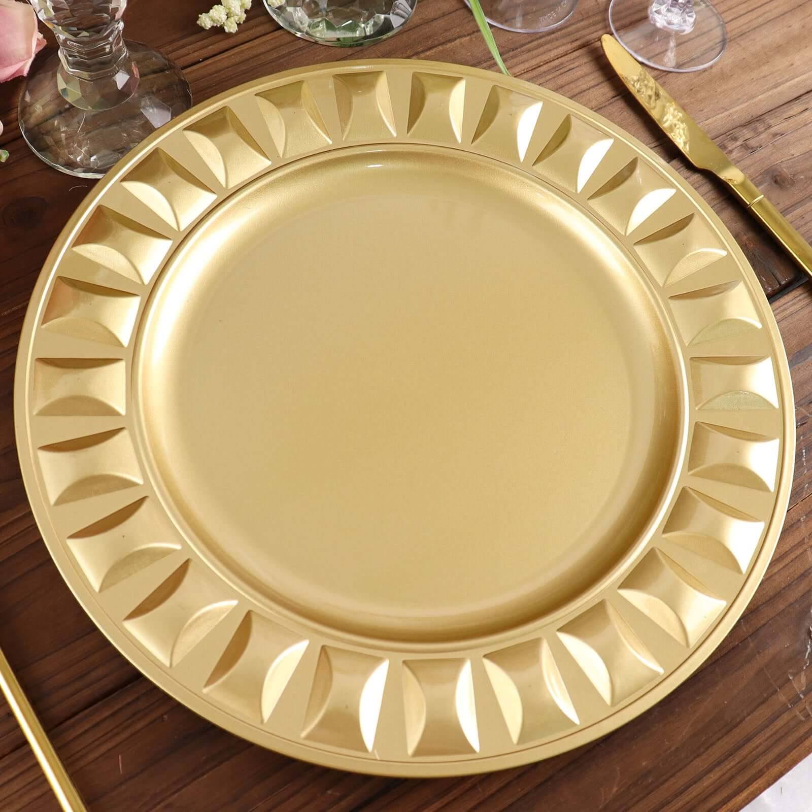 6-Pack Plastic Round Charger Plates 13 in Gold with Bejeweled Rim, Luxe Decorative Dinner Party Charger Tableware