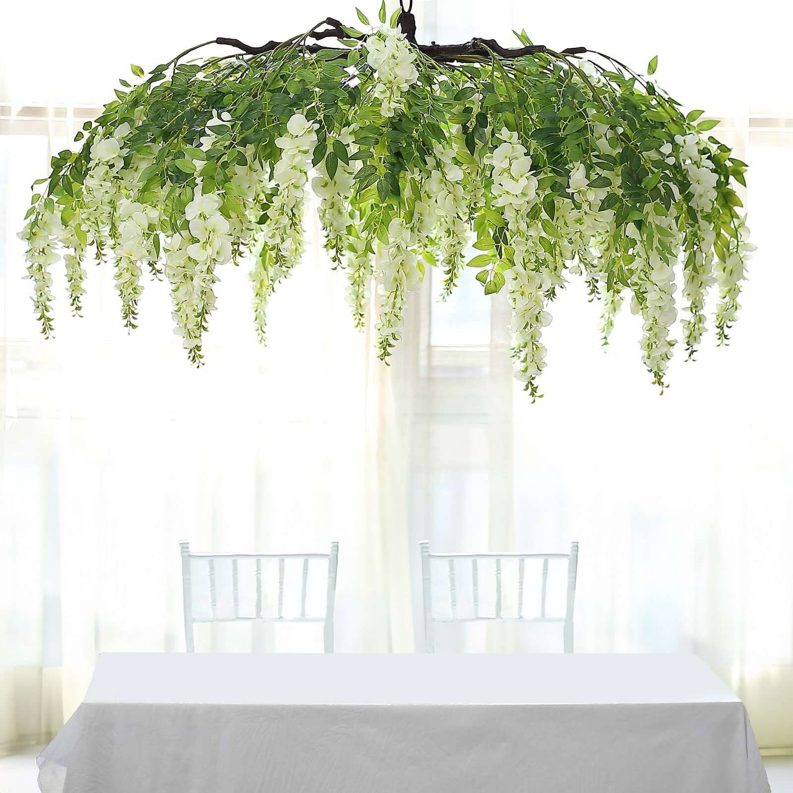 55 Cream Artificial Silk Hanging Wisteria Vine Flower Chandelier, Round Draping Garland Canopy With Interchangeable Branches